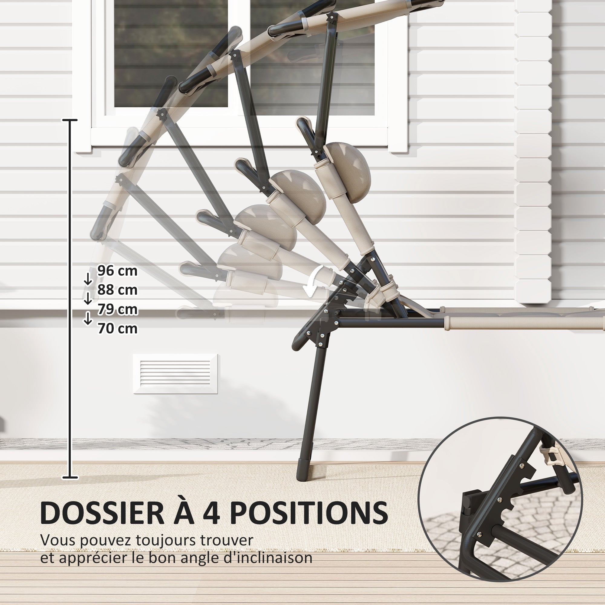 Set of 2 Folding Sun Loungers with Adjustable Sunshade Multi-Position Comfortable Backrest, Khaki