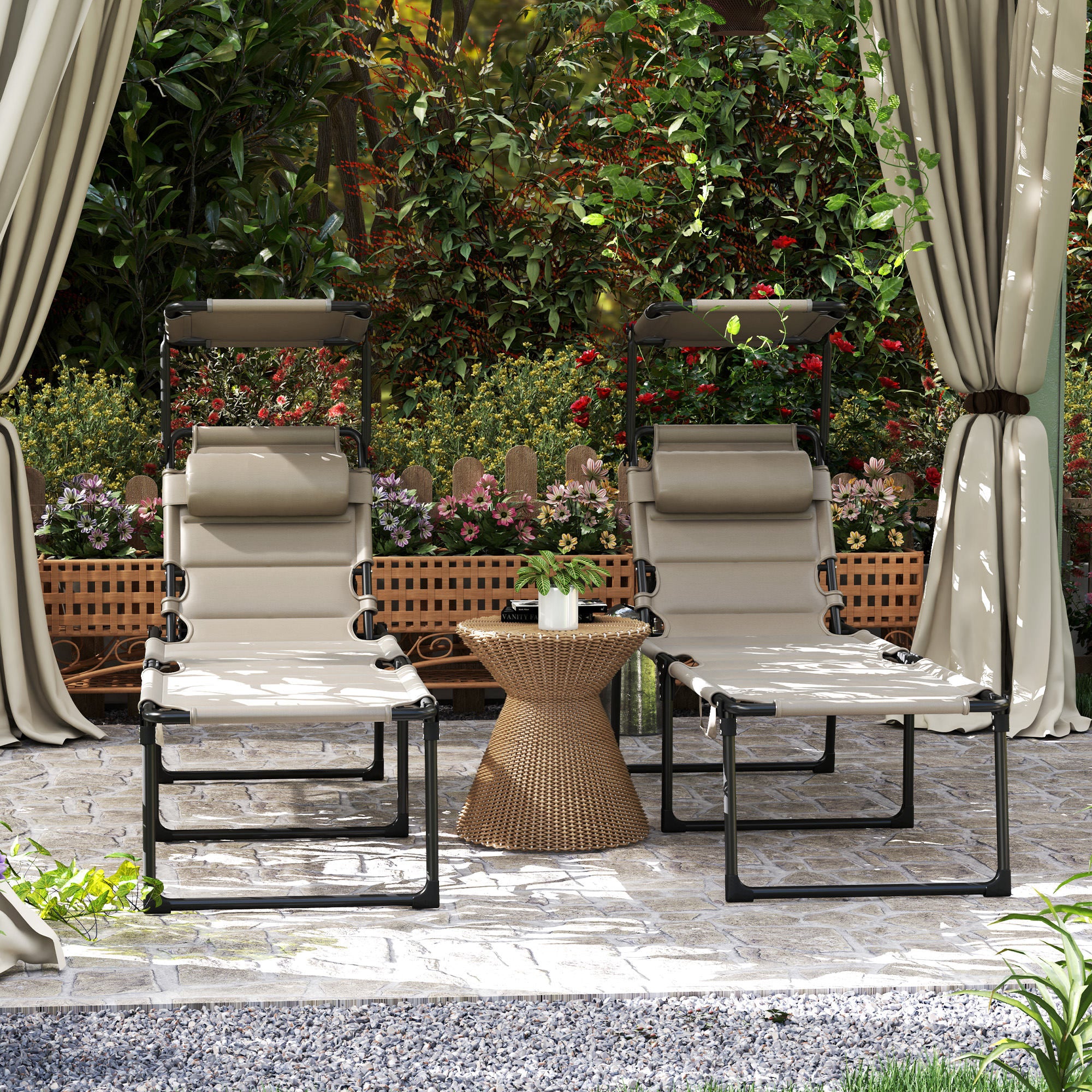 Set of 2 Folding Sun Loungers with Adjustable Sunshade Multi-Position Comfortable Backrest, Khaki