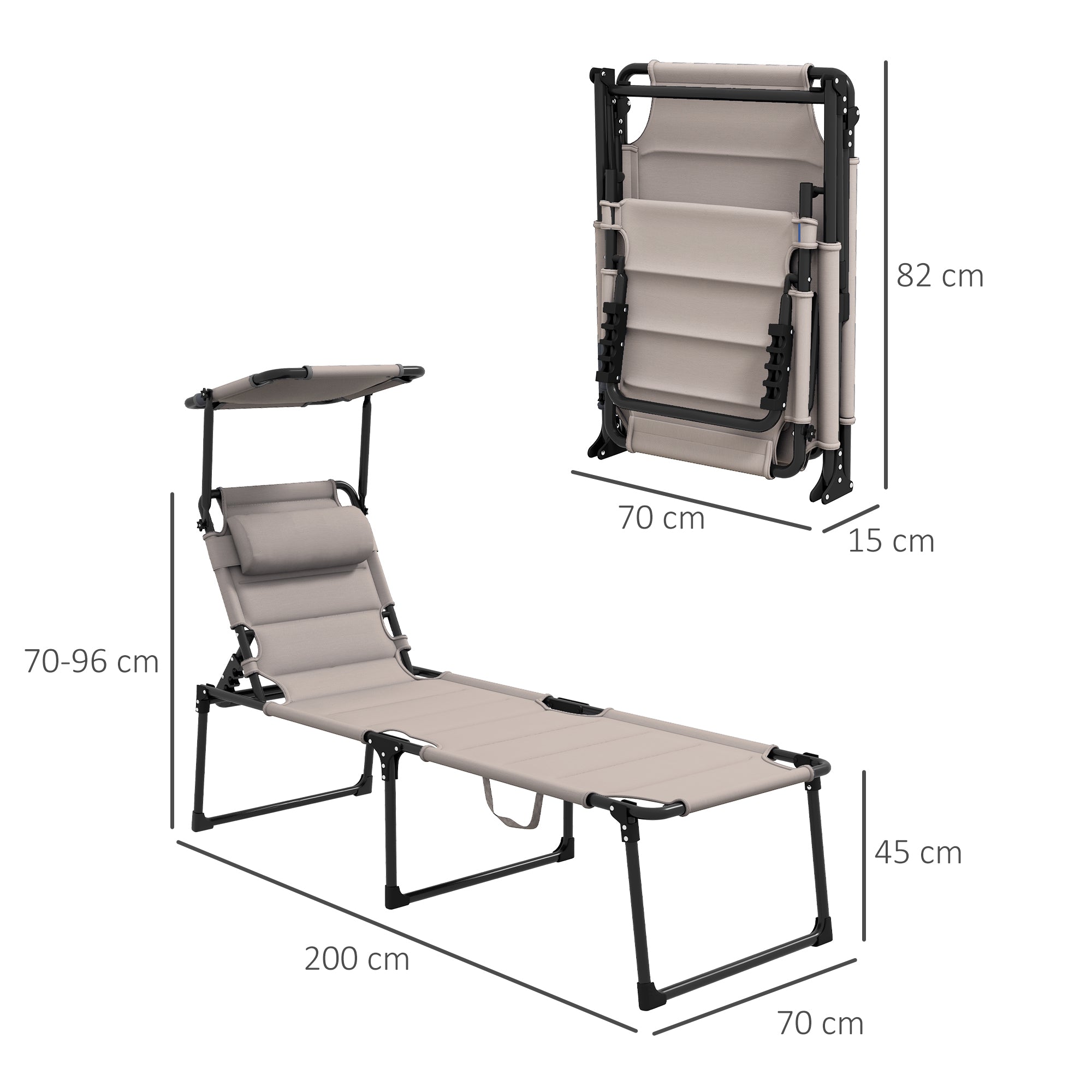 Set of 2 Folding Sun Loungers with Adjustable Sunshade Multi-Position Comfortable Backrest, Khaki