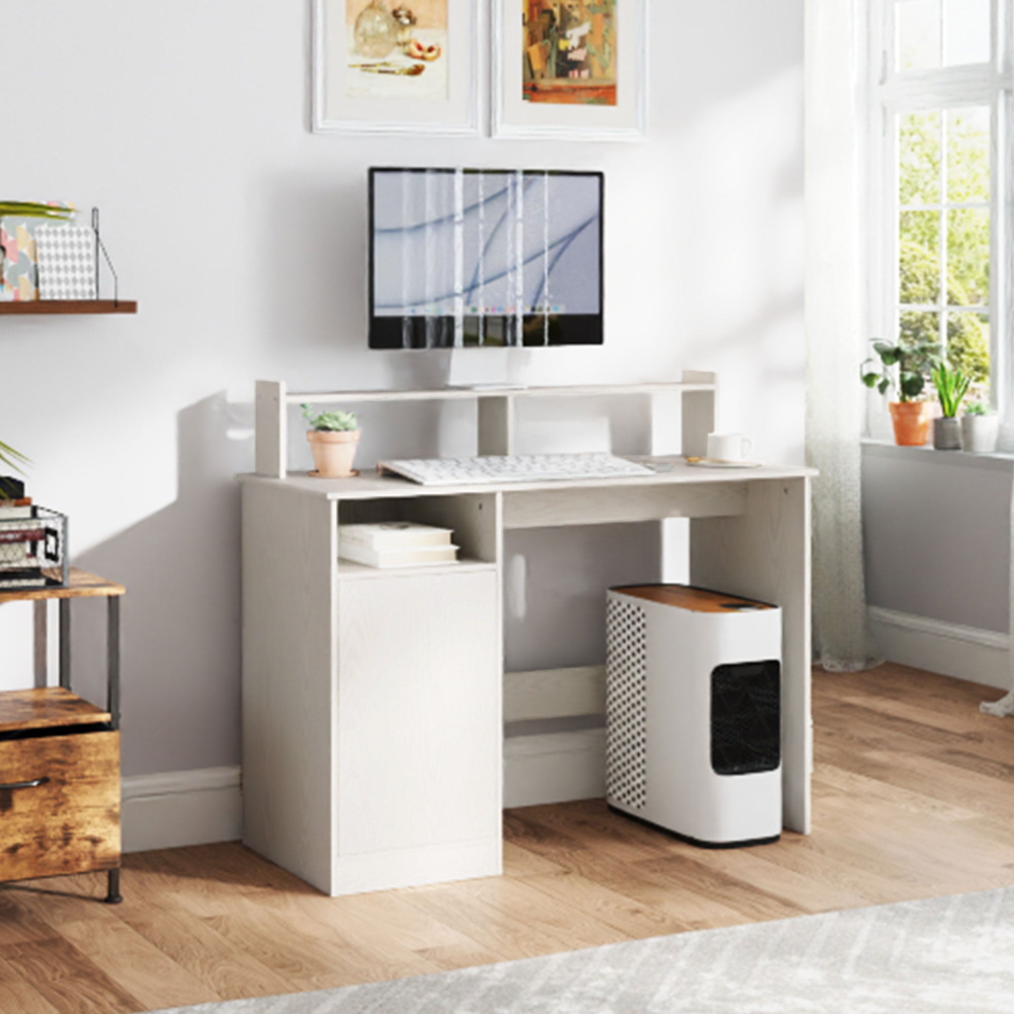 Modern Desk with Shelf Desk with Open Compartment Door and Monitor Stand Desk for Study Bedroom Home Office 108x50x94 cm Cream