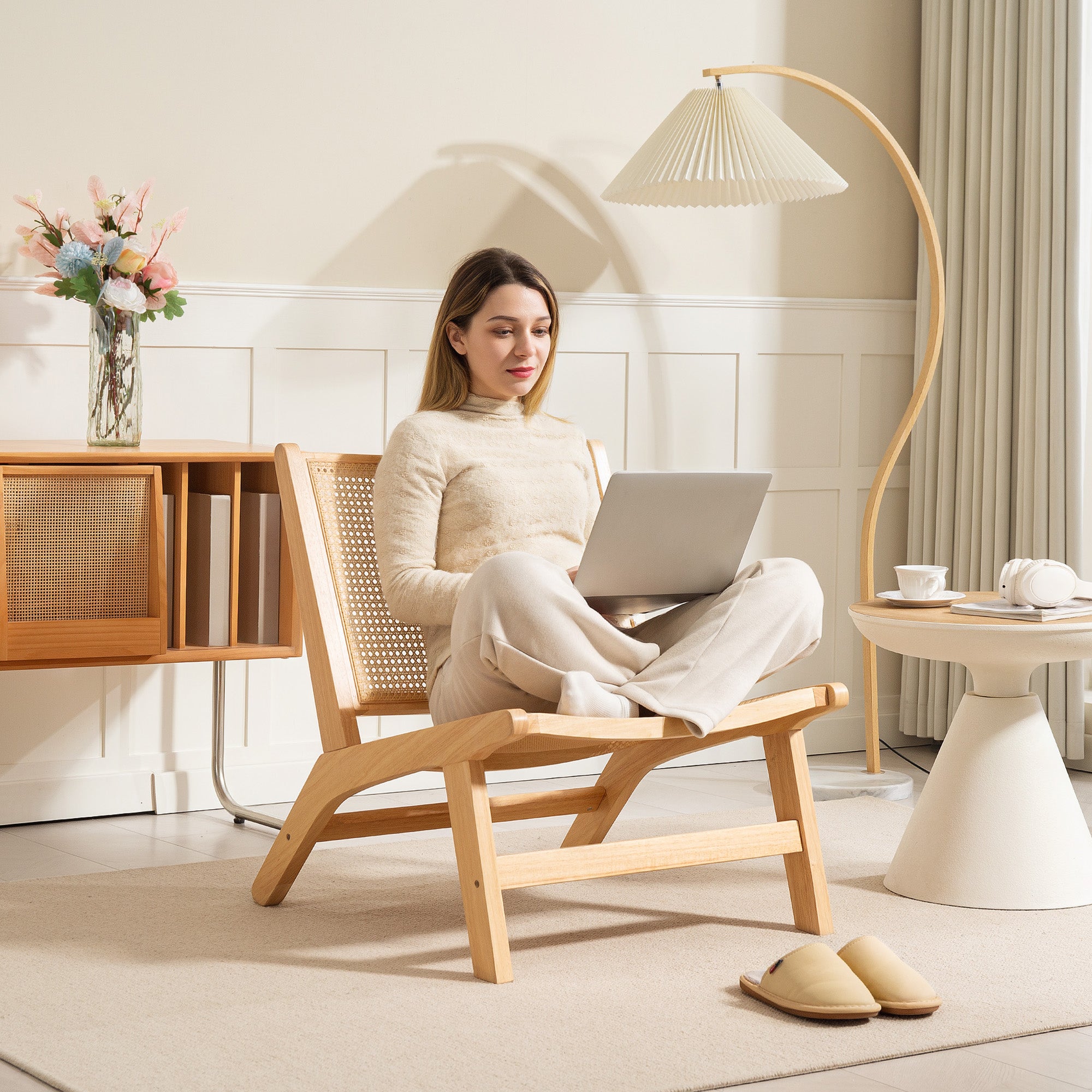 Armless Relax Chair with Rattan Backrest, Wooden Frame, Reading Chair for Living Room Bedroom Natural Wood