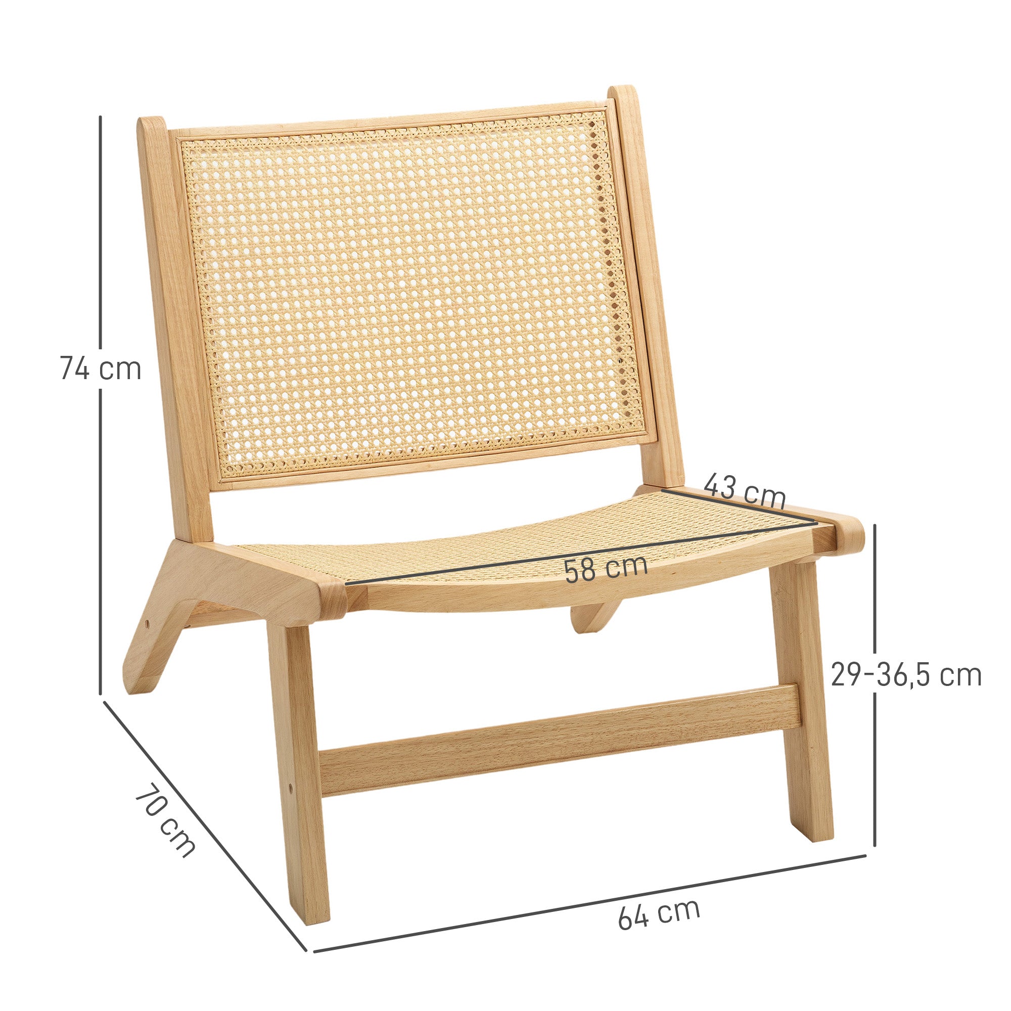 Armless Relax Chair with Rattan Backrest, Wooden Frame, Reading Chair for Living Room Bedroom Natural Wood