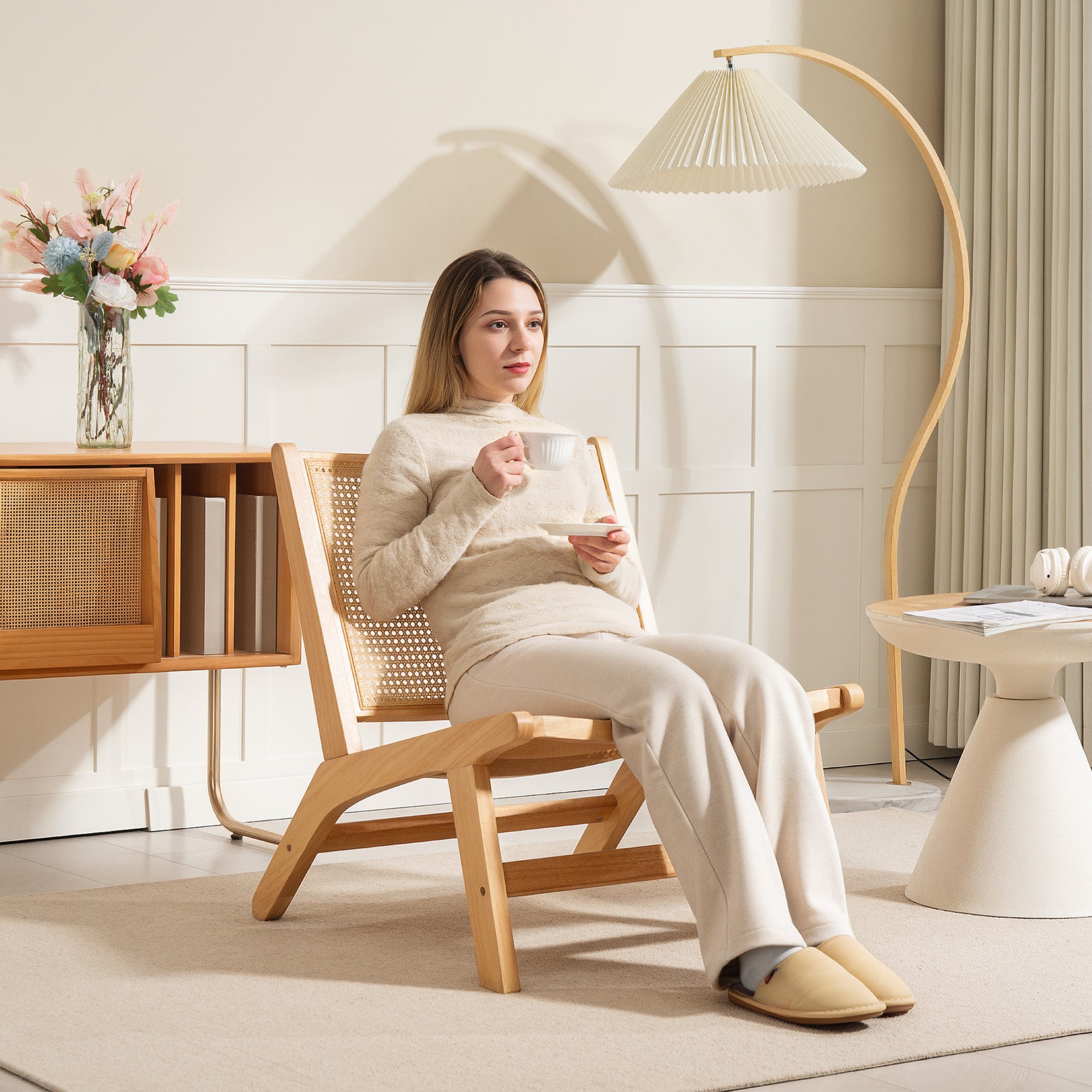 Armless Relax Chair with Rattan Backrest, Wooden Frame, Reading Chair for Living Room Bedroom Natural Wood