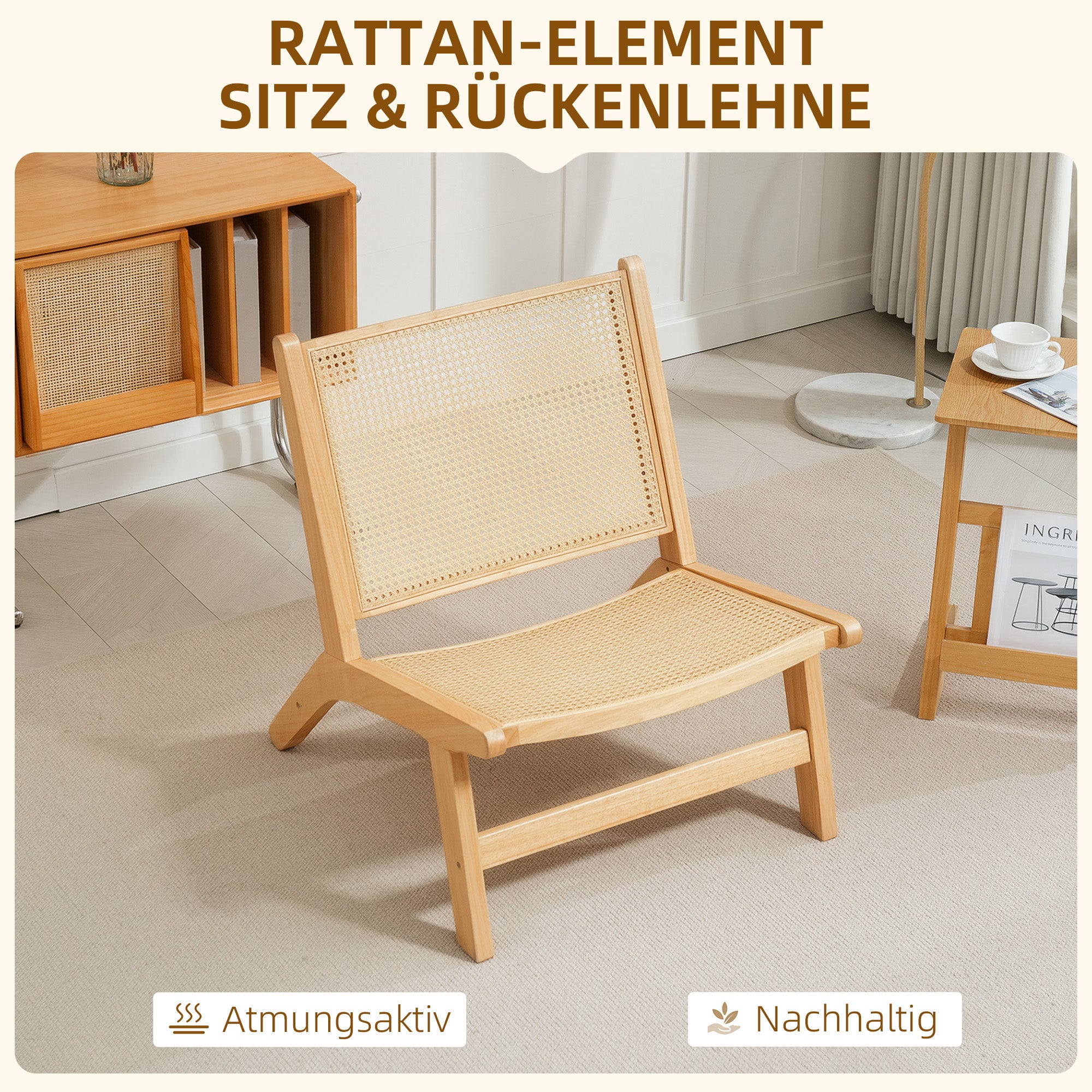 Armless Relax Chair with Rattan Backrest, Wooden Frame, Reading Chair for Living Room Bedroom Natural Wood
