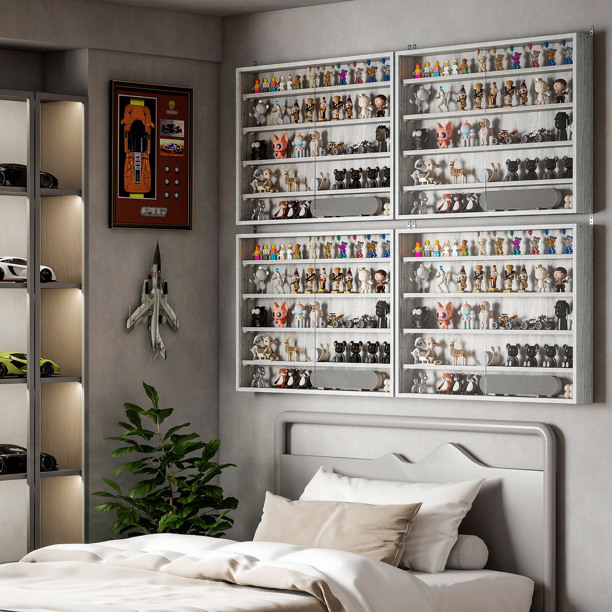 Collection Display Case Wall Mounted Display Case 80 x 9.5 x 60 cm with 4 Adjustable Shelves and 2 Sliding Glass Doors, for Miniature Figure and Car Collection, Gray