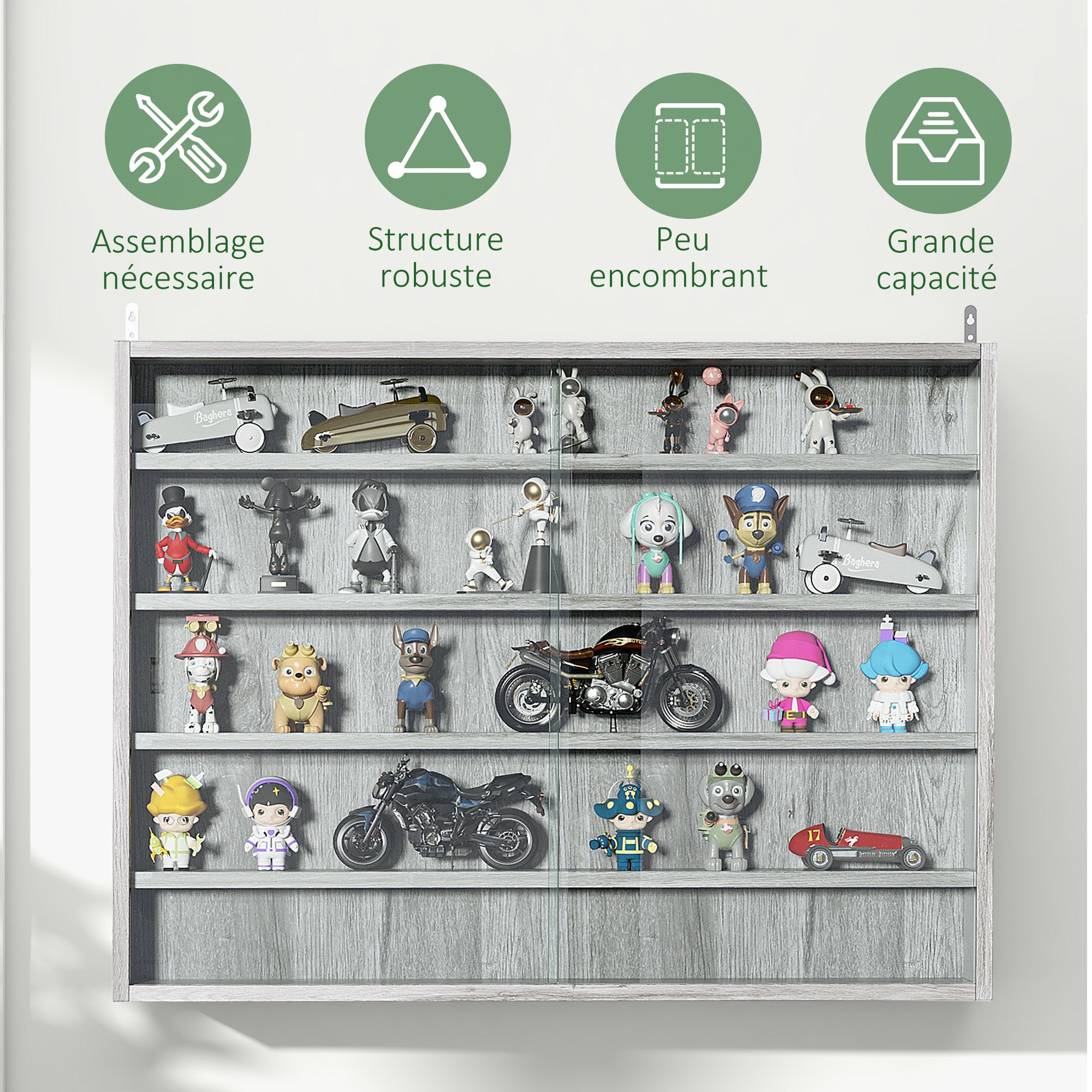 Collection Display Case Wall Mounted Display Case 80 x 9.5 x 60 cm with 4 Adjustable Shelves and 2 Sliding Glass Doors, for Miniature Figure and Car Collection, Gray