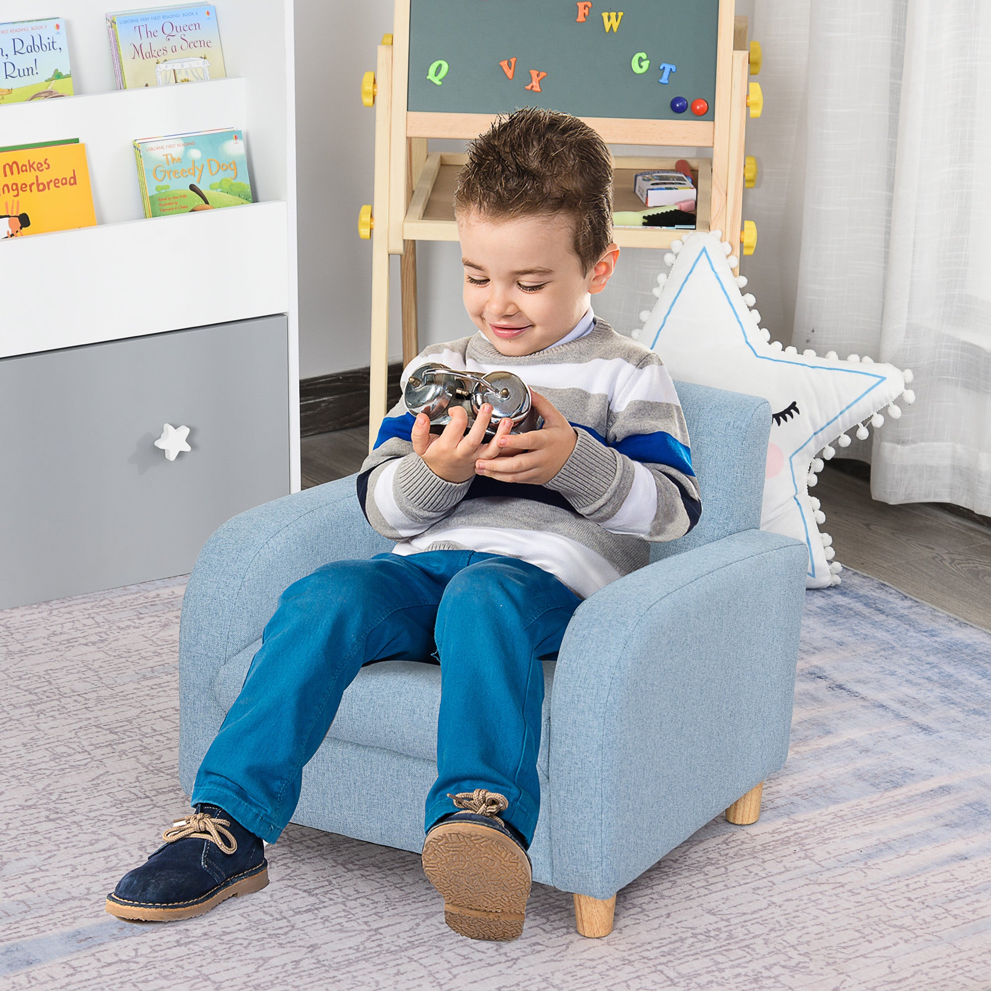 Children's Armchair Kids Sofa with Thick Foam and Thick Seat Cushions Children's Couch Chair Lounger with Anti-Slip Feet for 3-5 Year Old Kids Wood Linen Foam Blue 49x45x44.5 cm