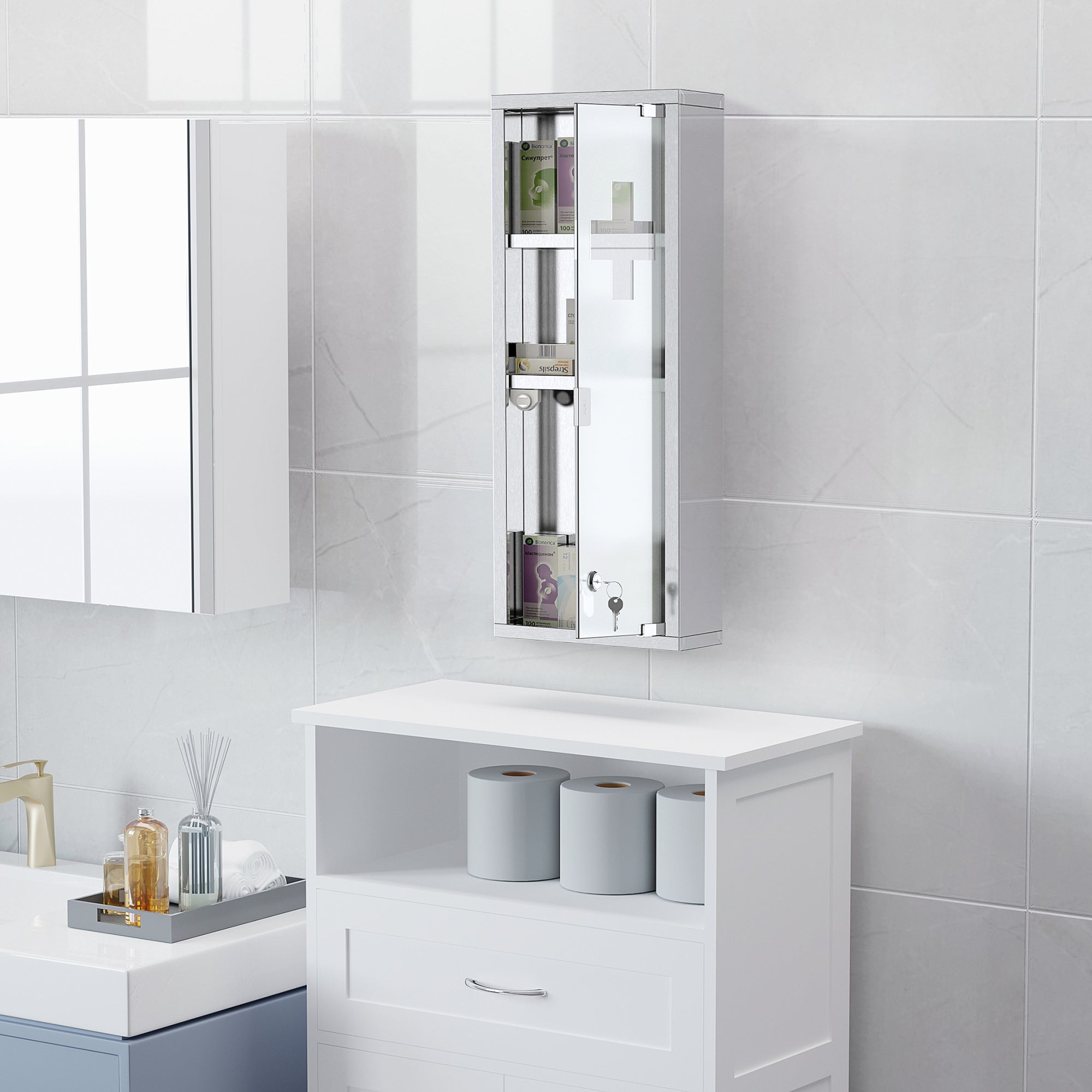 Stainless Steel Medicine Cabinet with Tempered Glass Door, Lockable Medicine Cabinet with 3 Racks, First Aid Cabinet, 20 x 12 x 58 cm, Silver