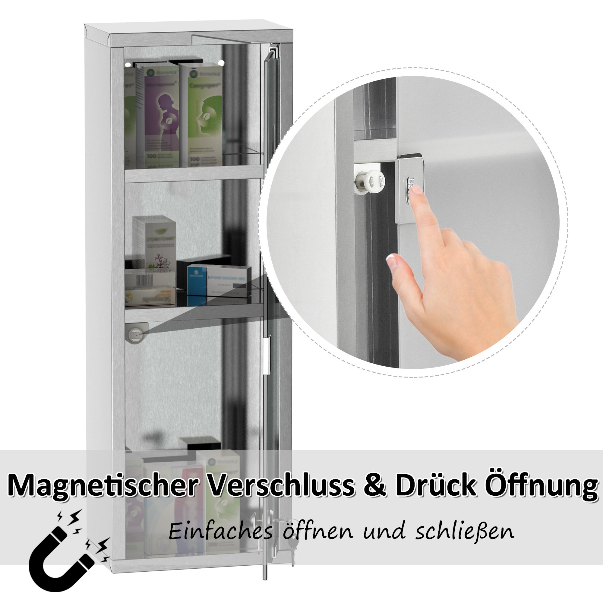 Stainless Steel Medicine Cabinet with Tempered Glass Door, Lockable Medicine Cabinet with 3 Racks, First Aid Cabinet, 20 x 12 x 58 cm, Silver