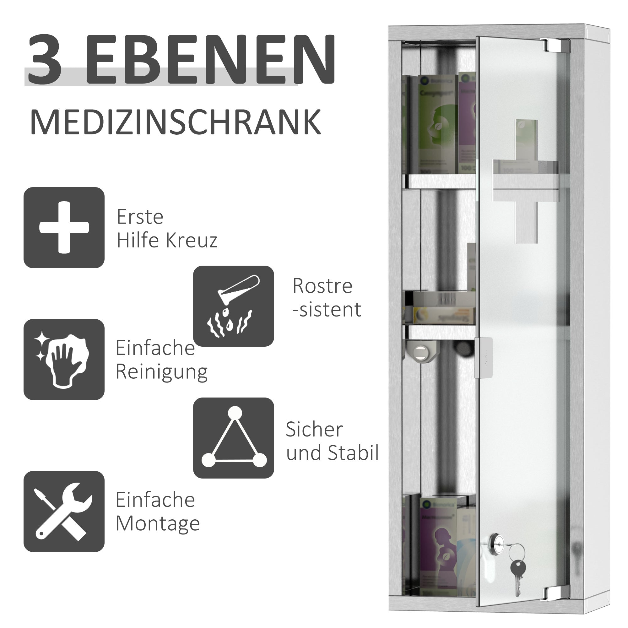 Stainless Steel Medicine Cabinet with Tempered Glass Door, Lockable Medicine Cabinet with 3 Racks, First Aid Cabinet, 20 x 12 x 58 cm, Silver