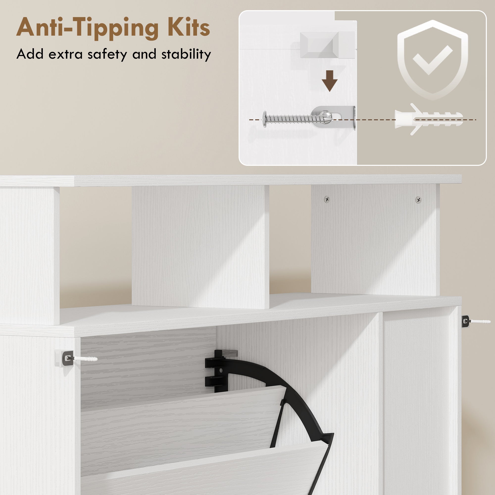 Narrow Shoe Cabinet with 2 Flip Drawers, Open Compartments & Adjustable Shelf, for Hallway & Entry, 35 x 9.8 x 36.2 in, White