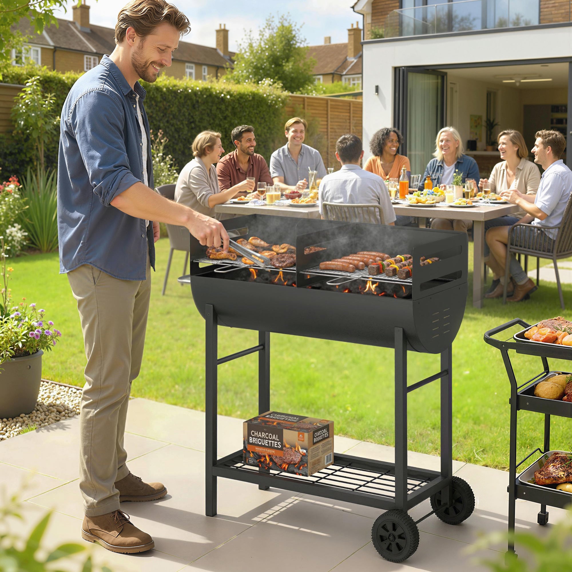 Charcoal Grill Cart with 2 Cooking Zones, Height-Adjustable Grates, Wood Shelf & Wheels – Portable Charcoal Grill for Patio, Picnic, Party (103 x 46.5 x 100 cm / 40.6" x 18.3" x 39.4") Black