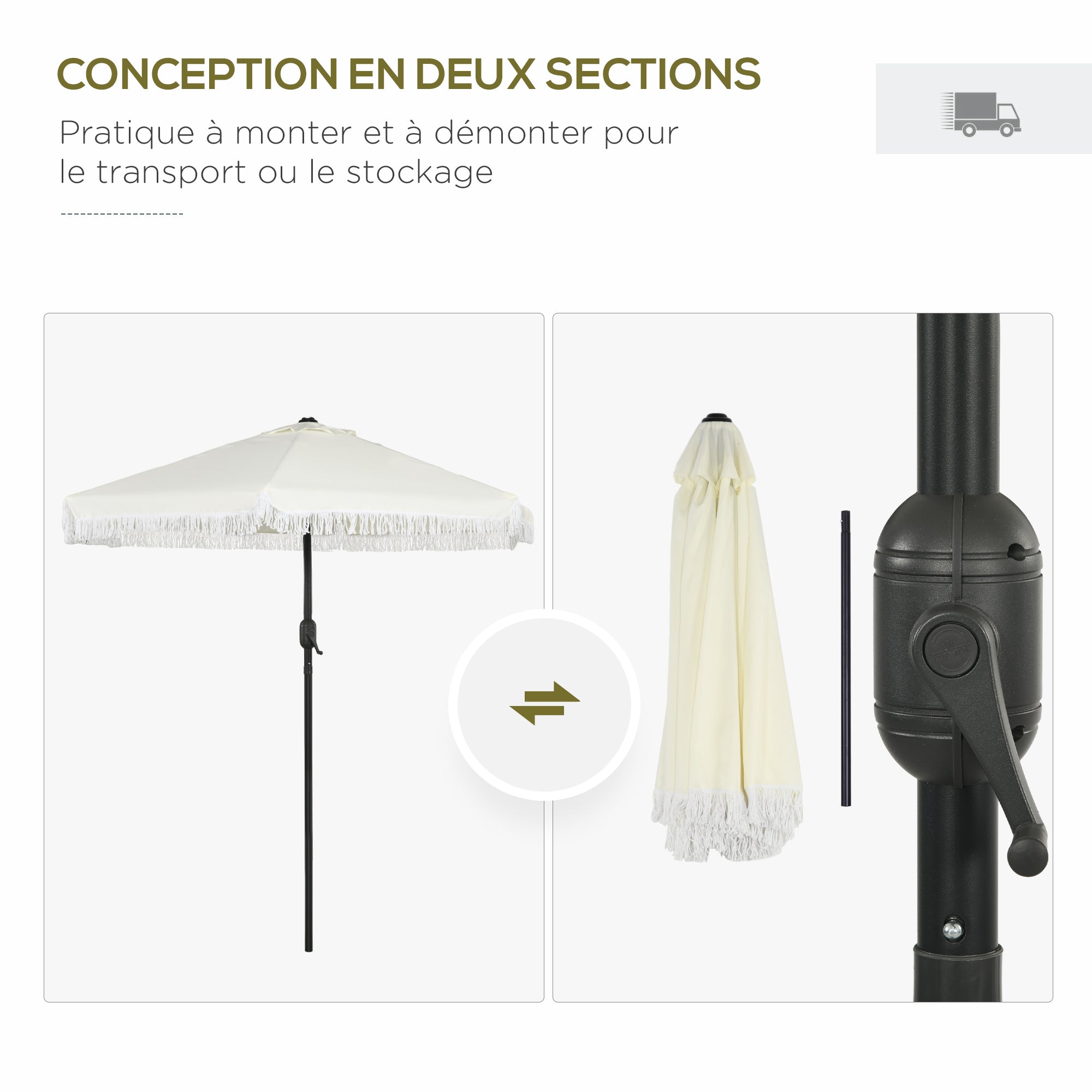 Garden Parasol Straight Tilt Umbrella Ø 2.25m with Bohemian Style Fringed Crème Canopy and Black Mast
