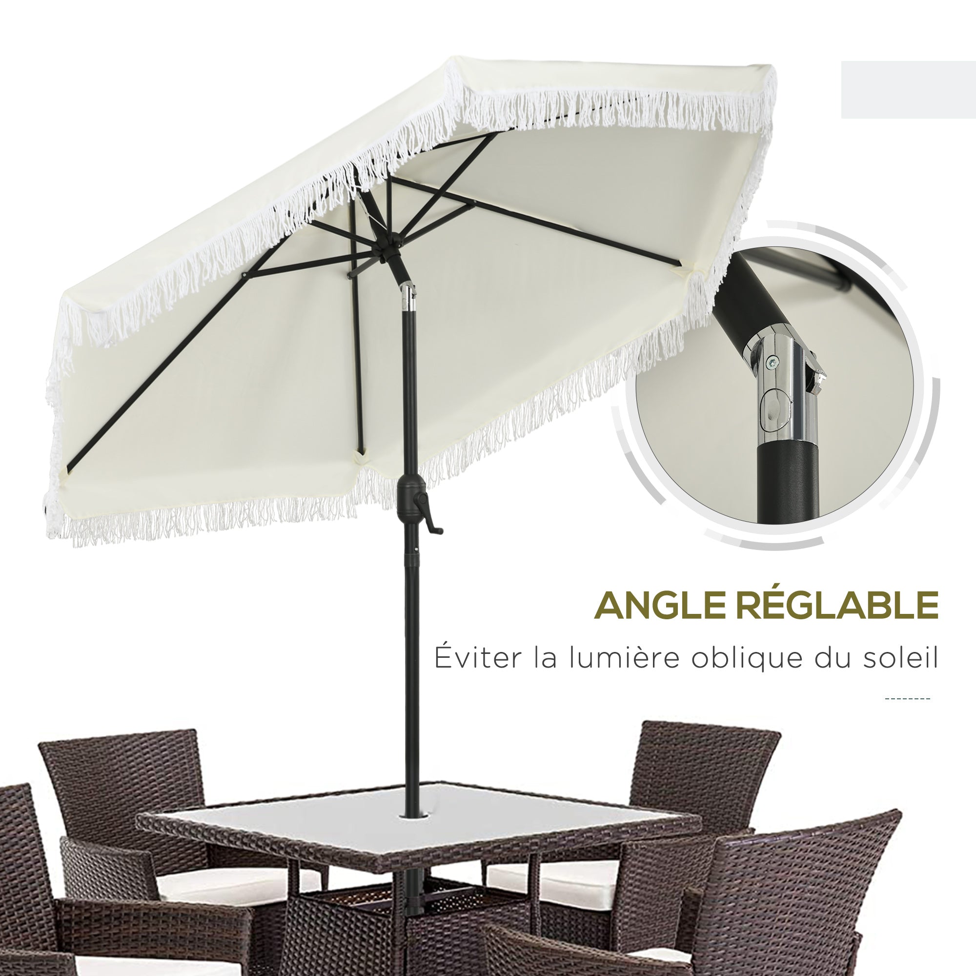 Garden Parasol Straight Tilt Umbrella Ø 2.25m with Bohemian Style Fringed Crème Canopy and Black Mast