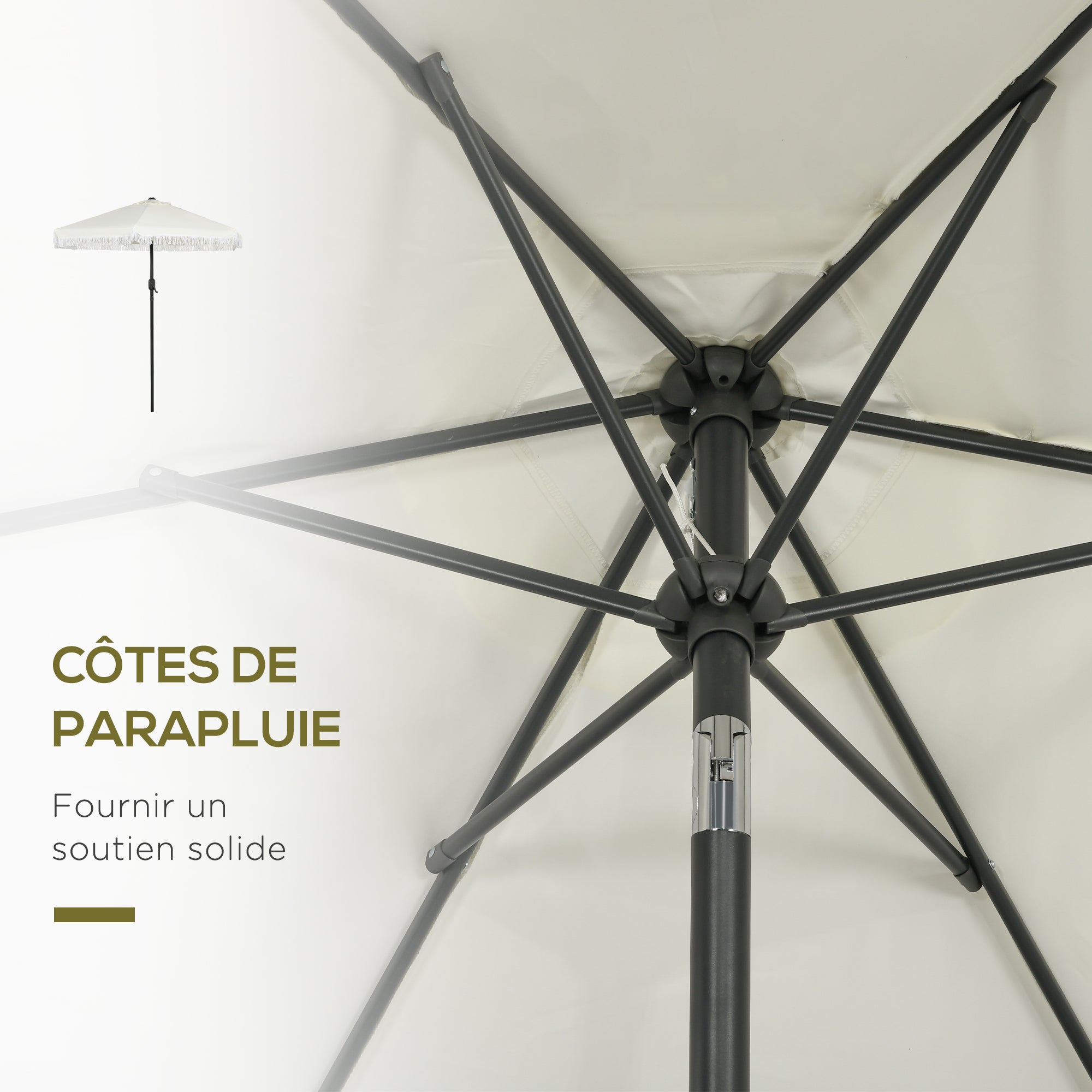 Garden Parasol Straight Tilt Umbrella Ø 2.25m with Bohemian Style Fringed Crème Canopy and Black Mast