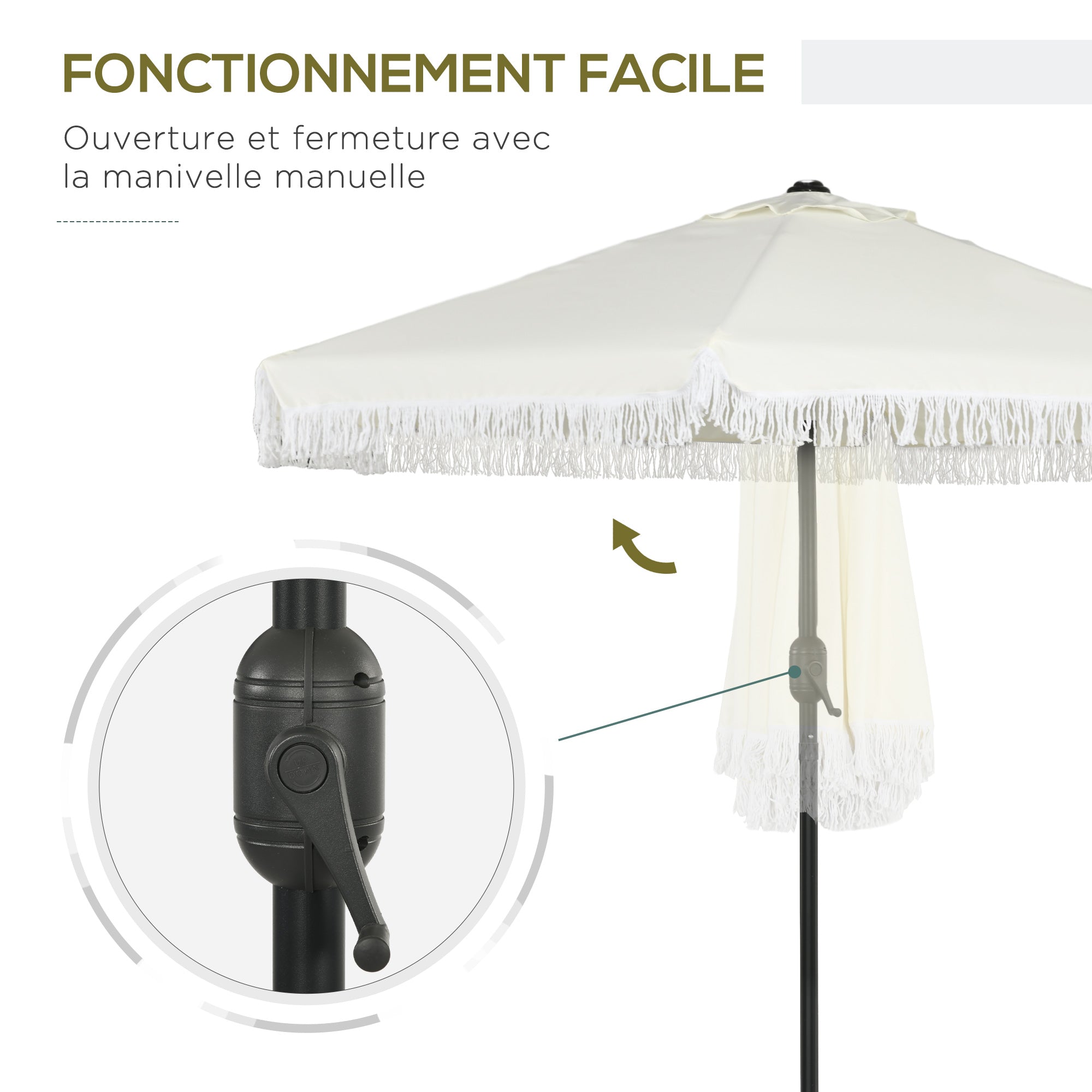 Garden Parasol Straight Tilt Umbrella Ø 2.25m with Bohemian Style Fringed Crème Canopy and Black Mast