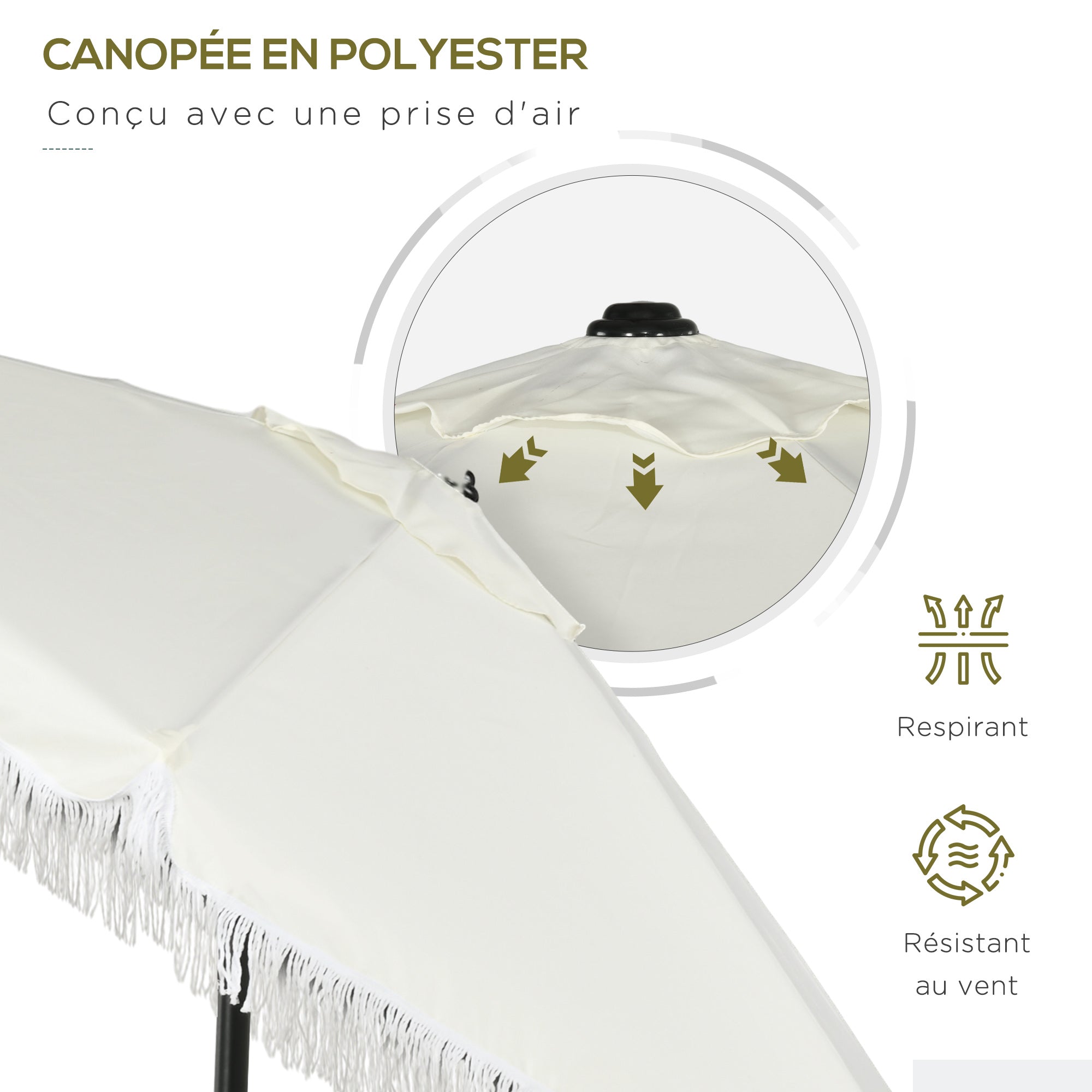 Garden Parasol Straight Tilt Umbrella Ø 2.25m with Bohemian Style Fringed Crème Canopy and Black Mast