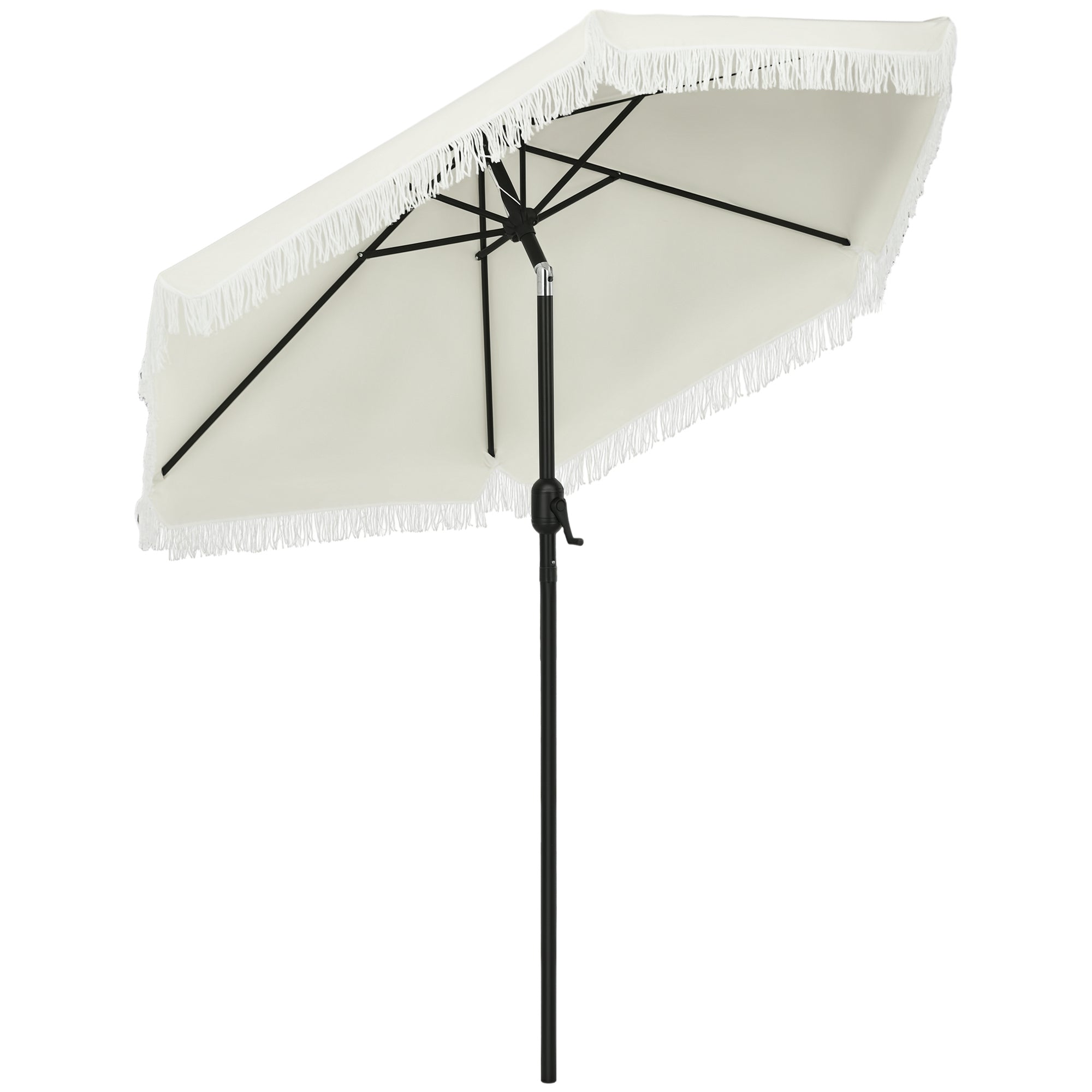 Garden Parasol Straight Tilt Umbrella Ø 2.25m with Bohemian Style Fringed Crème Canopy and Black Mast