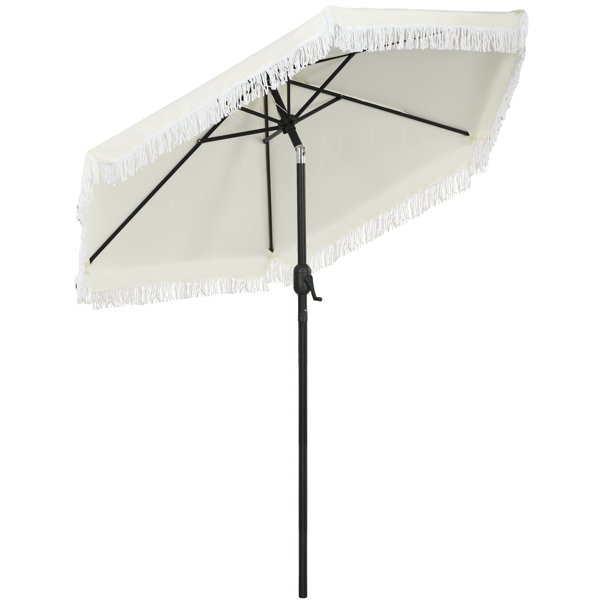 Garden Parasol Straight Tilt Umbrella Ø 2.25m with Bohemian Style Fringed Crème Canopy and Black Mast