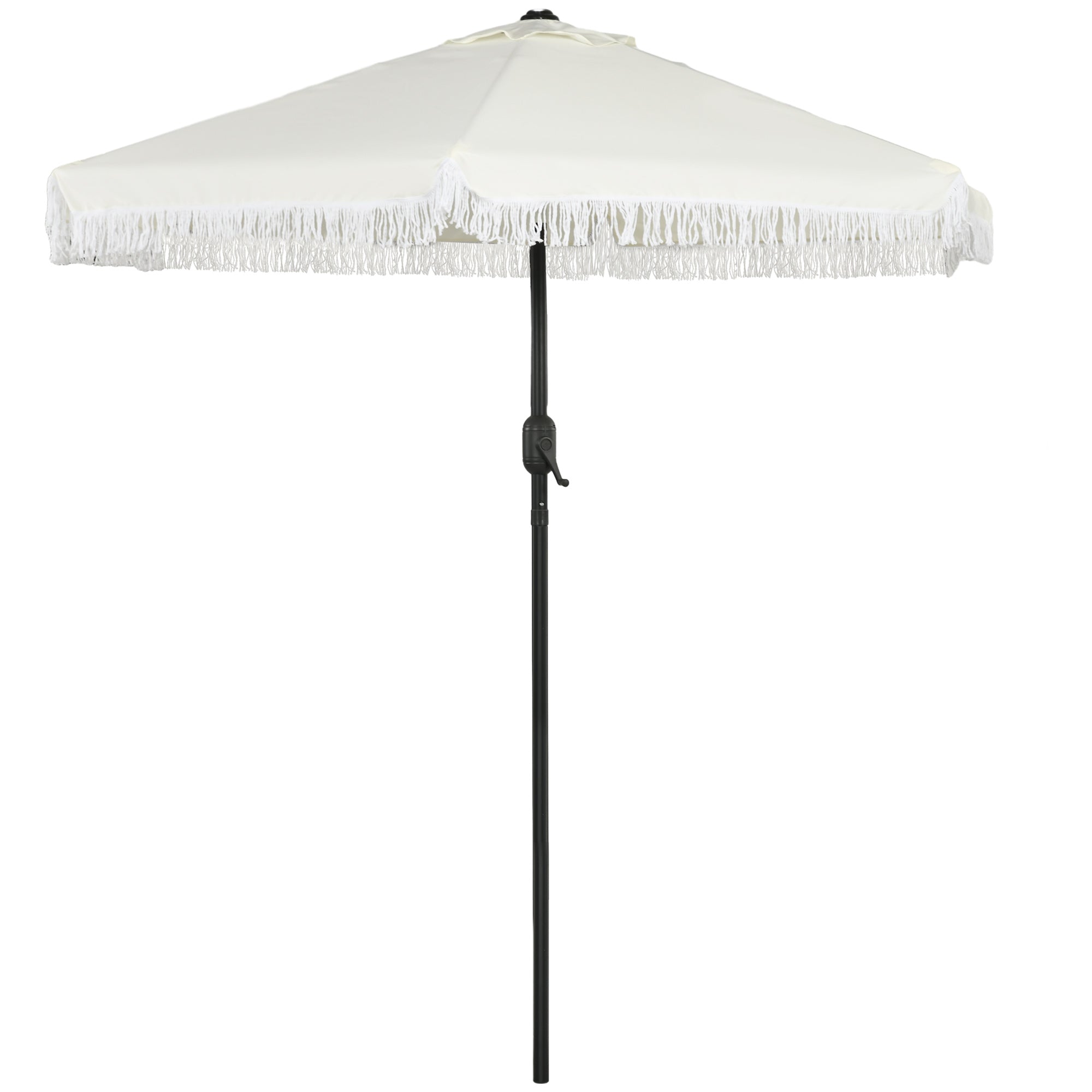 Garden Parasol Straight Tilt Umbrella Ø 2.25m with Bohemian Style Fringed Crème Canopy and Black Mast