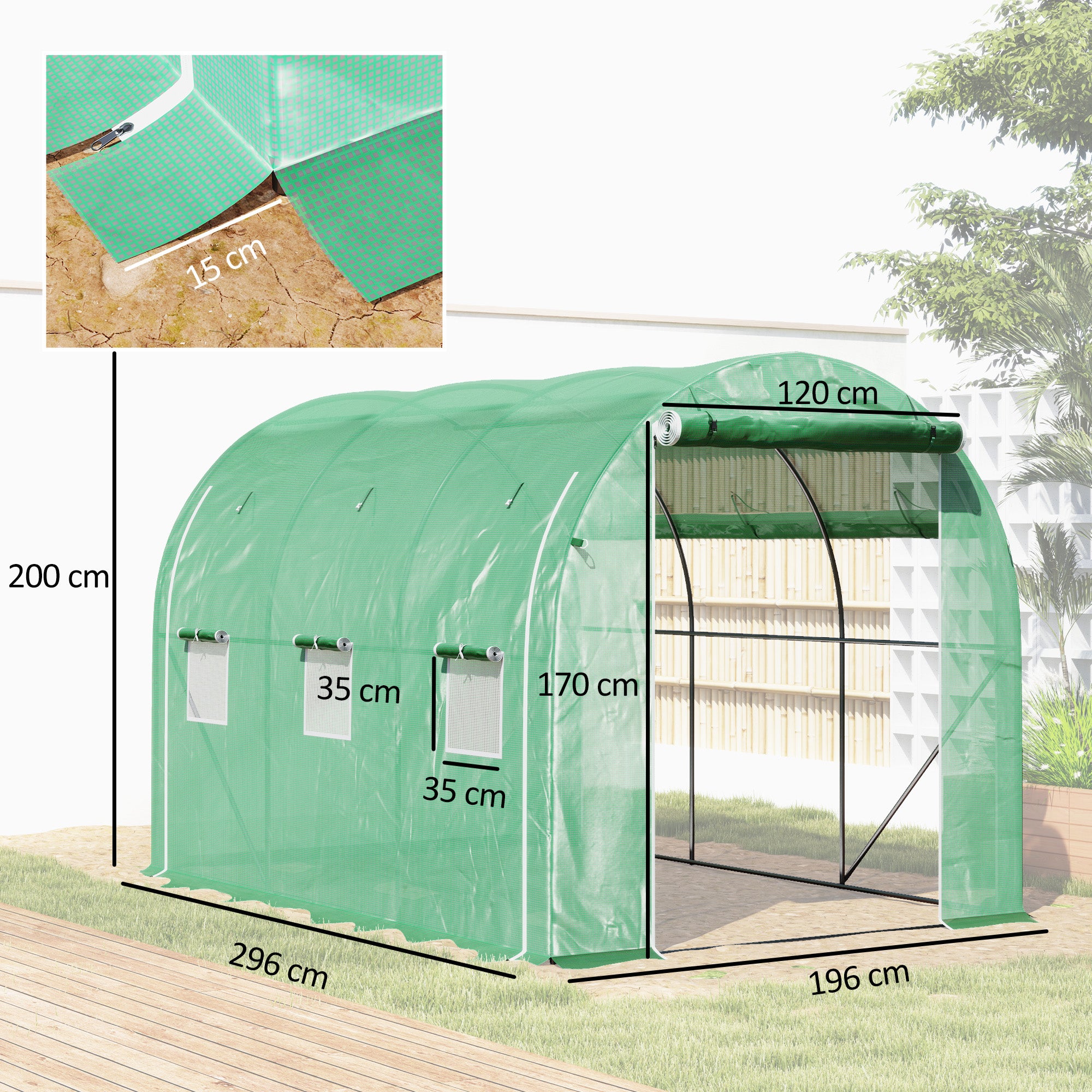 Garden Greenhouse 6m² 3 x 2m with 1 door + 2 roll-up zippered side panels, 6 windows, galvanized steel high-density 140 g/m² Anti-UV green PE