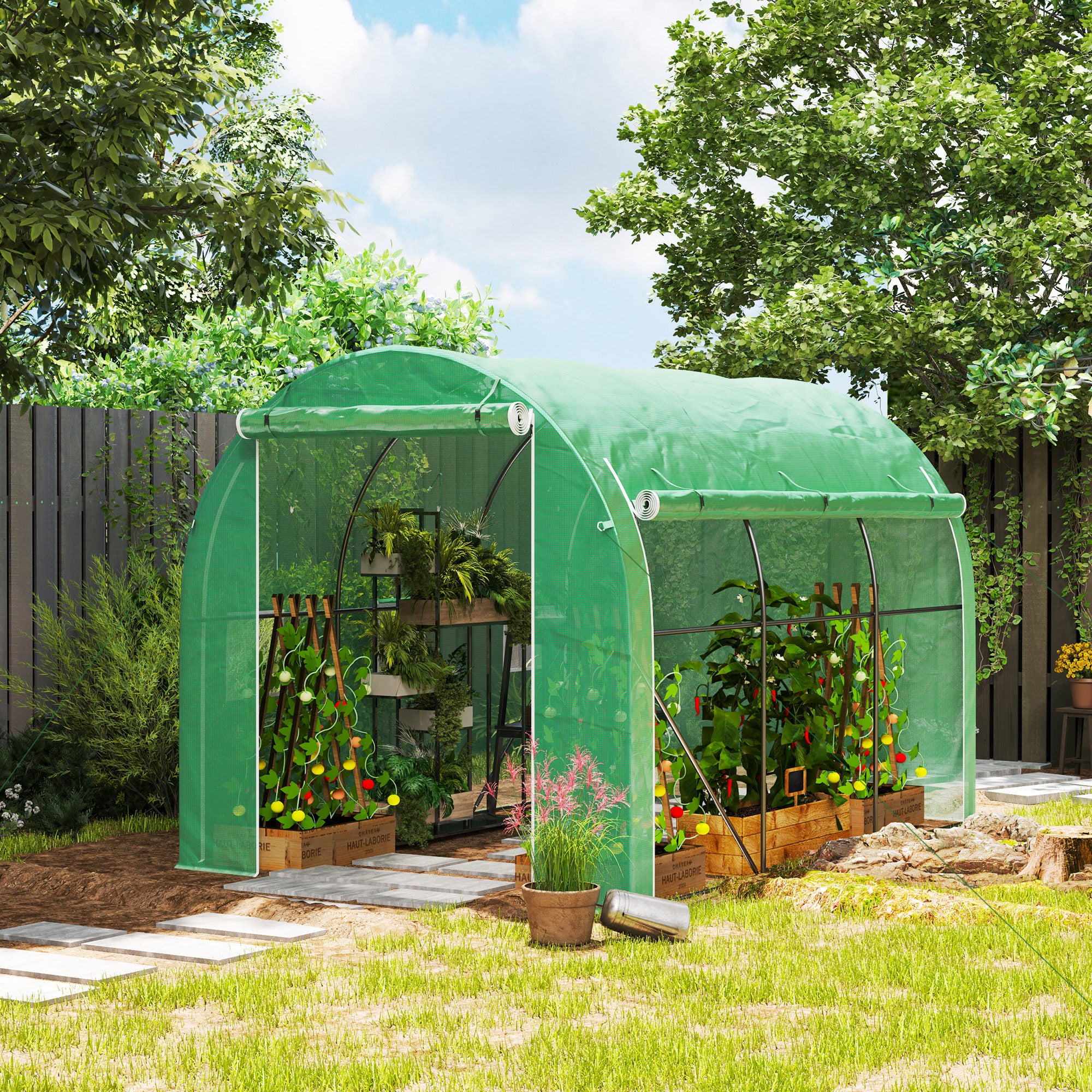 Garden Greenhouse 6m² 3 x 2m with 1 door + 2 roll-up zippered side panels, 6 windows, galvanized steel high-density 140 g/m² Anti-UV green PE