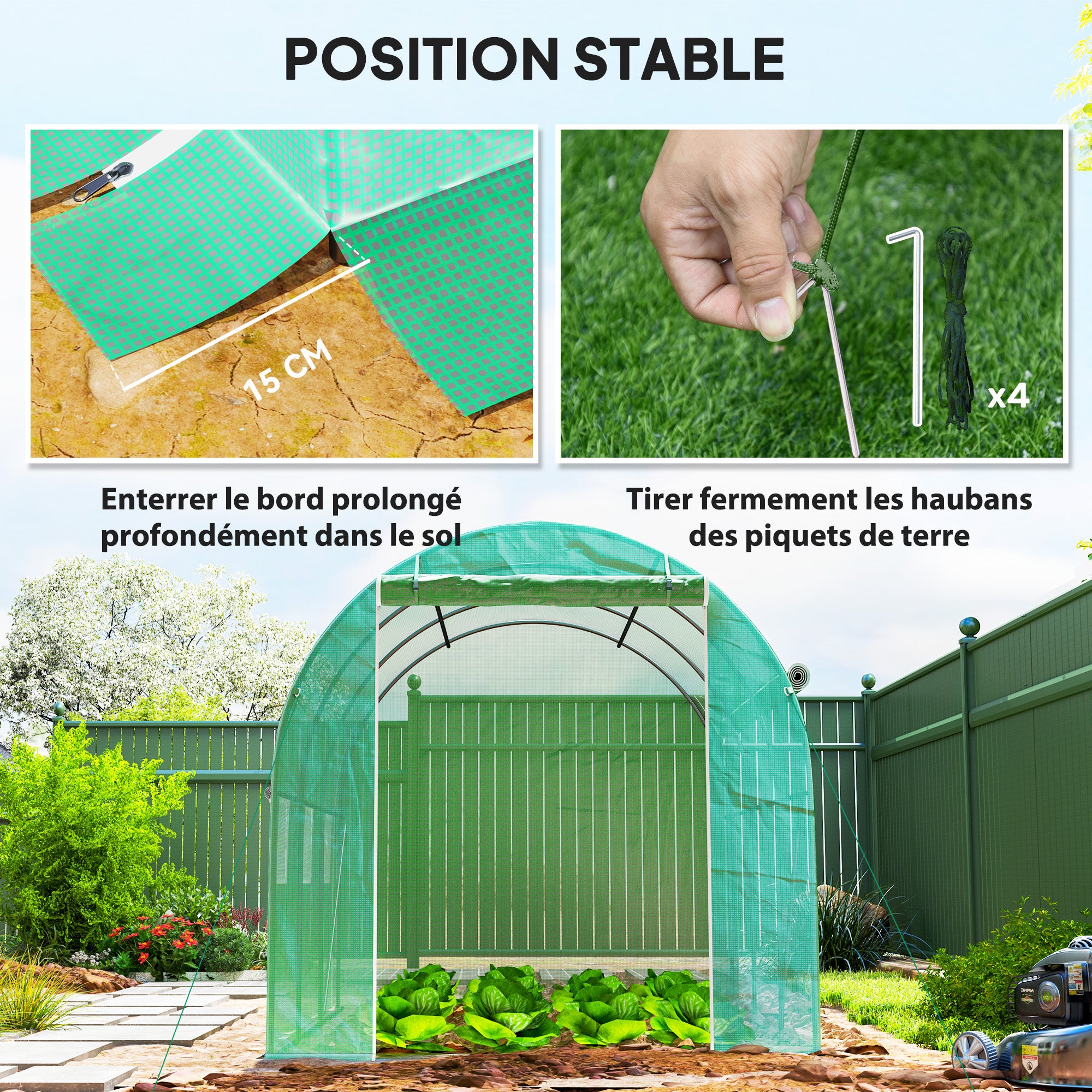 Garden Greenhouse 6m² 3 x 2m with 1 door + 2 roll-up zippered side panels, 6 windows, galvanized steel high-density 140 g/m² Anti-UV green PE