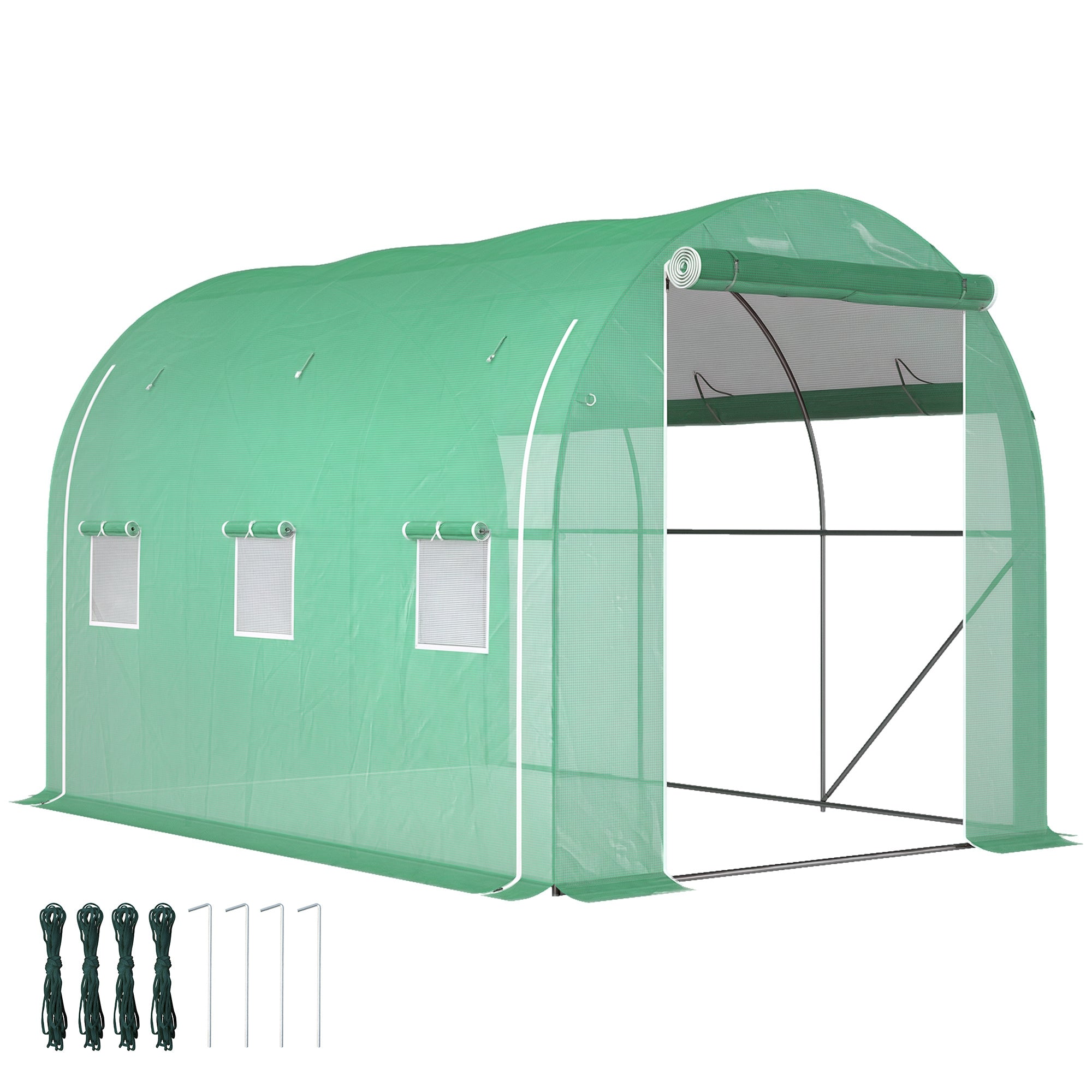 Garden Greenhouse 6m² 3 x 2m with 1 door + 2 roll-up zippered side panels, 6 windows, galvanized steel high-density 140 g/m² Anti-UV green PE