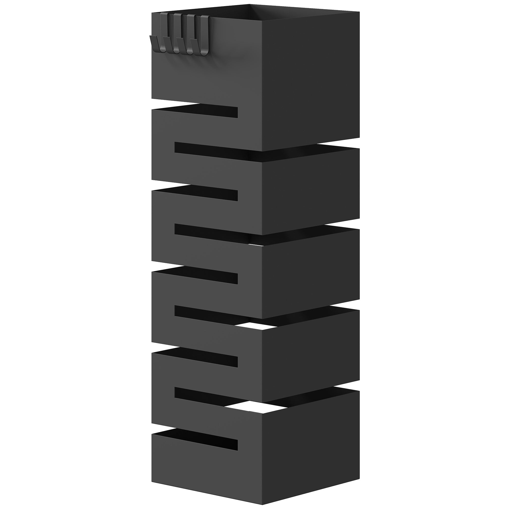 Metal Umbrella Stand, Square Holder with Removable Drip Tray & 4 Hooks, for Entryway, 15.5 x 15.5 x 49 cm (6.1 x 6.1 x 19.3 in), Black