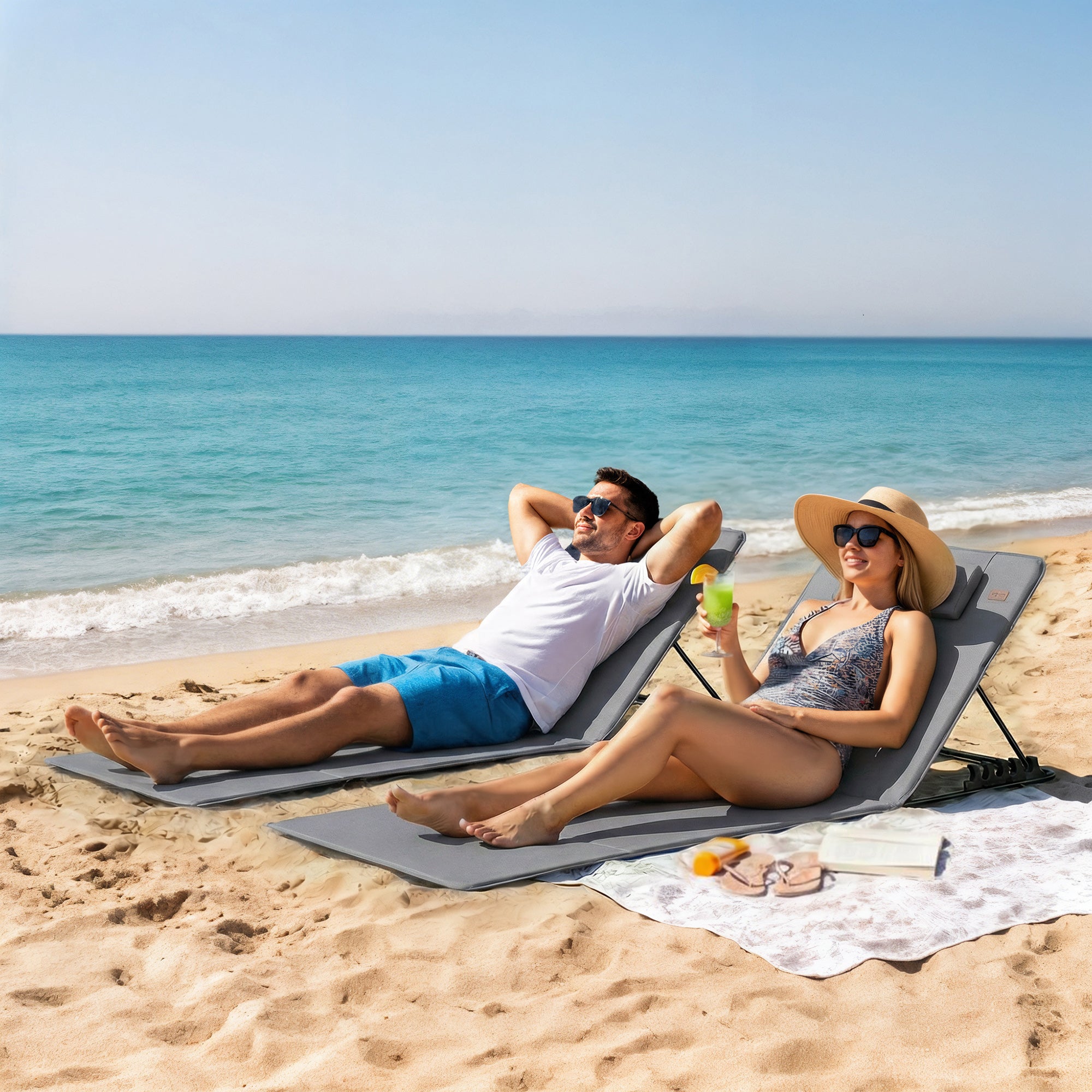 2-Pack Folding Beach Loungers with Adjustable Backrest, Pillow & Carry Bag – Dark Gray