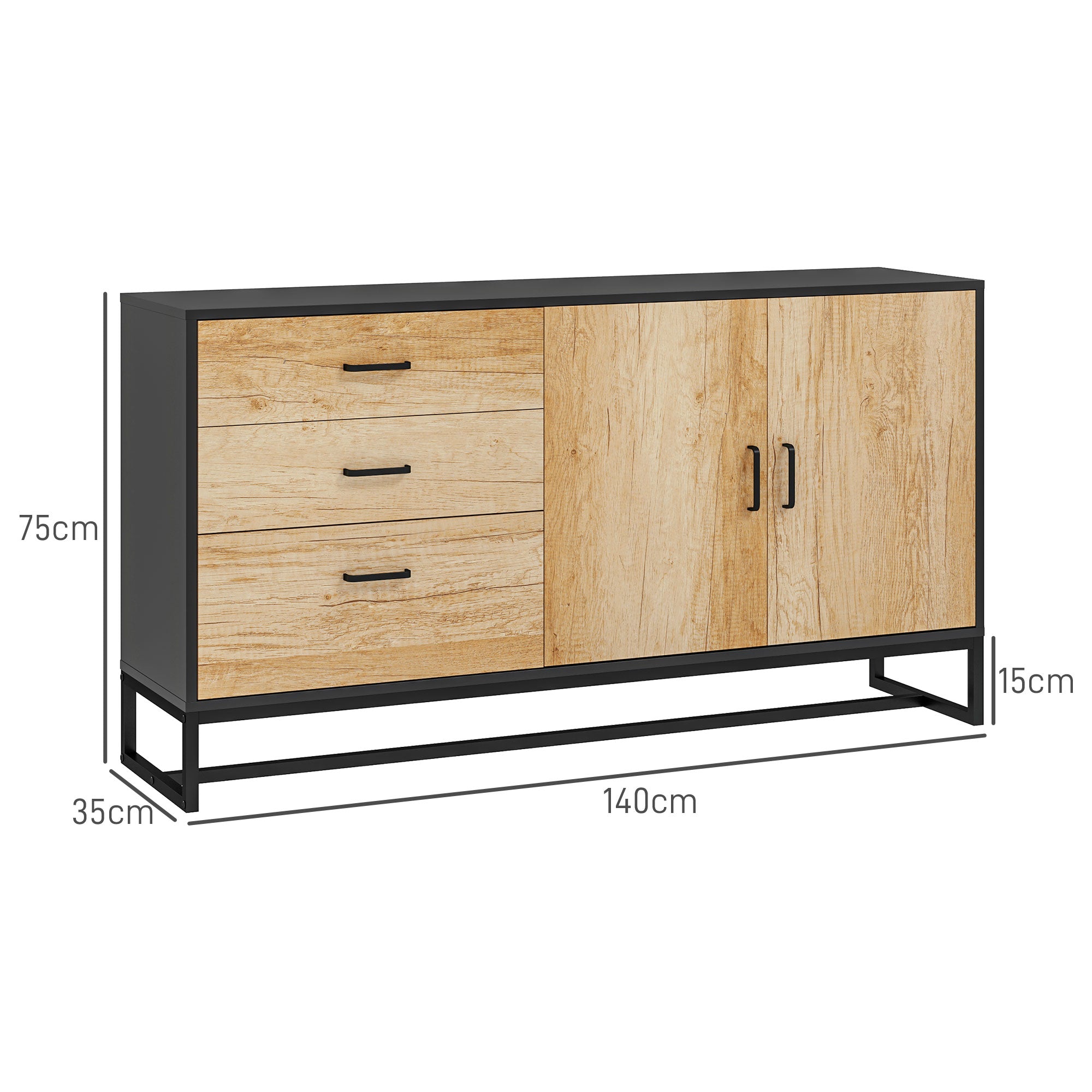 Living Room Buffet Storage Cabinet with Cupboard, 3 Drawers and Adjustable Shelf, Steel Legs, Aluminum Alloy Handles, for Living Room, Dining Room, dim. 140 x 35 x 75 cm, natural wood