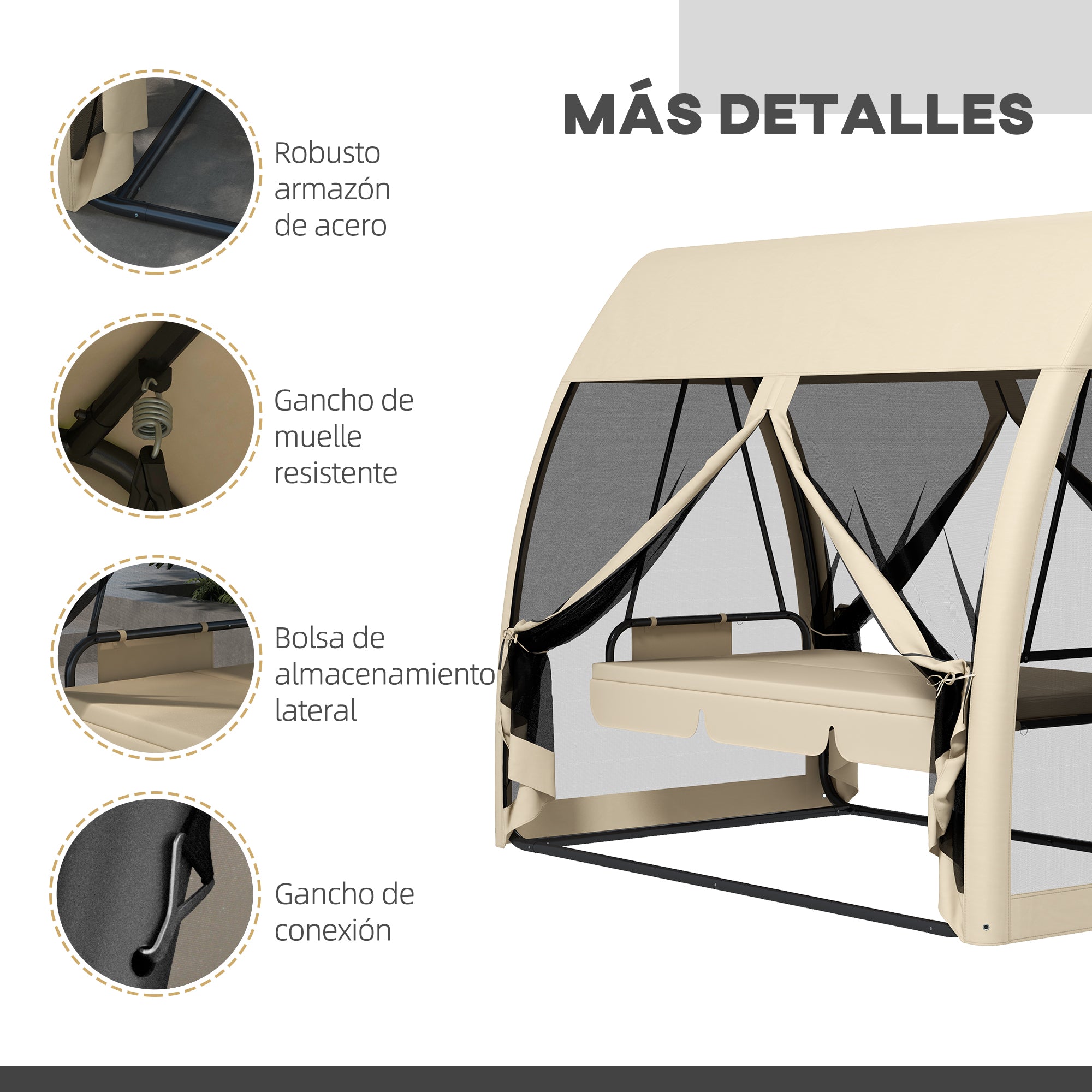 3-Seater Garden Swing Bench Convertible into Bed Swing Bench Outdoor with Mosquito Net Metal Structure Holds 300 kg 240x140x197 cm Beige