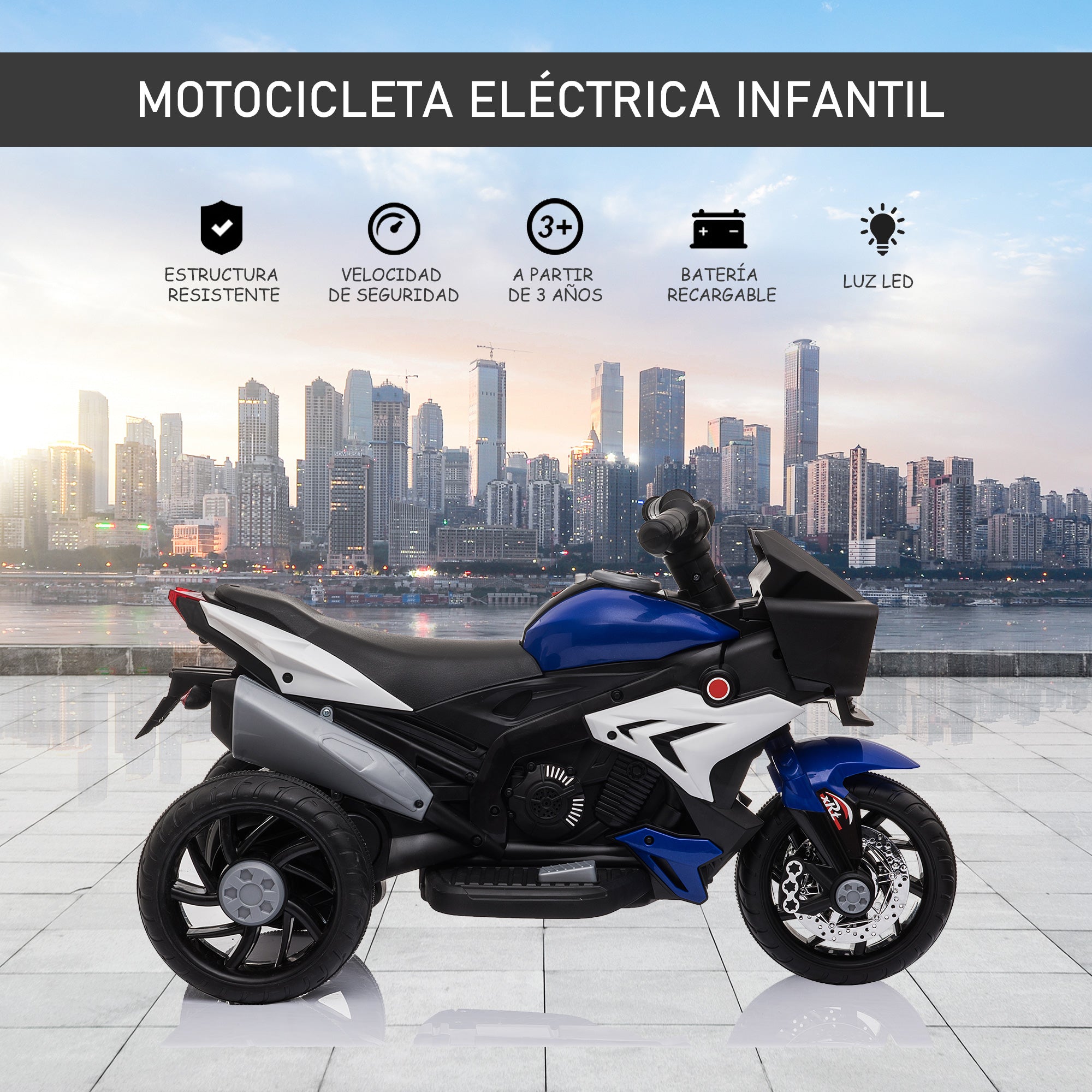 Kids Electric Motorcycle for +3 Years Kids 6V Battery-Powered Bike with Lights Music Horn Wide Tires 3 km/h Blue and Black