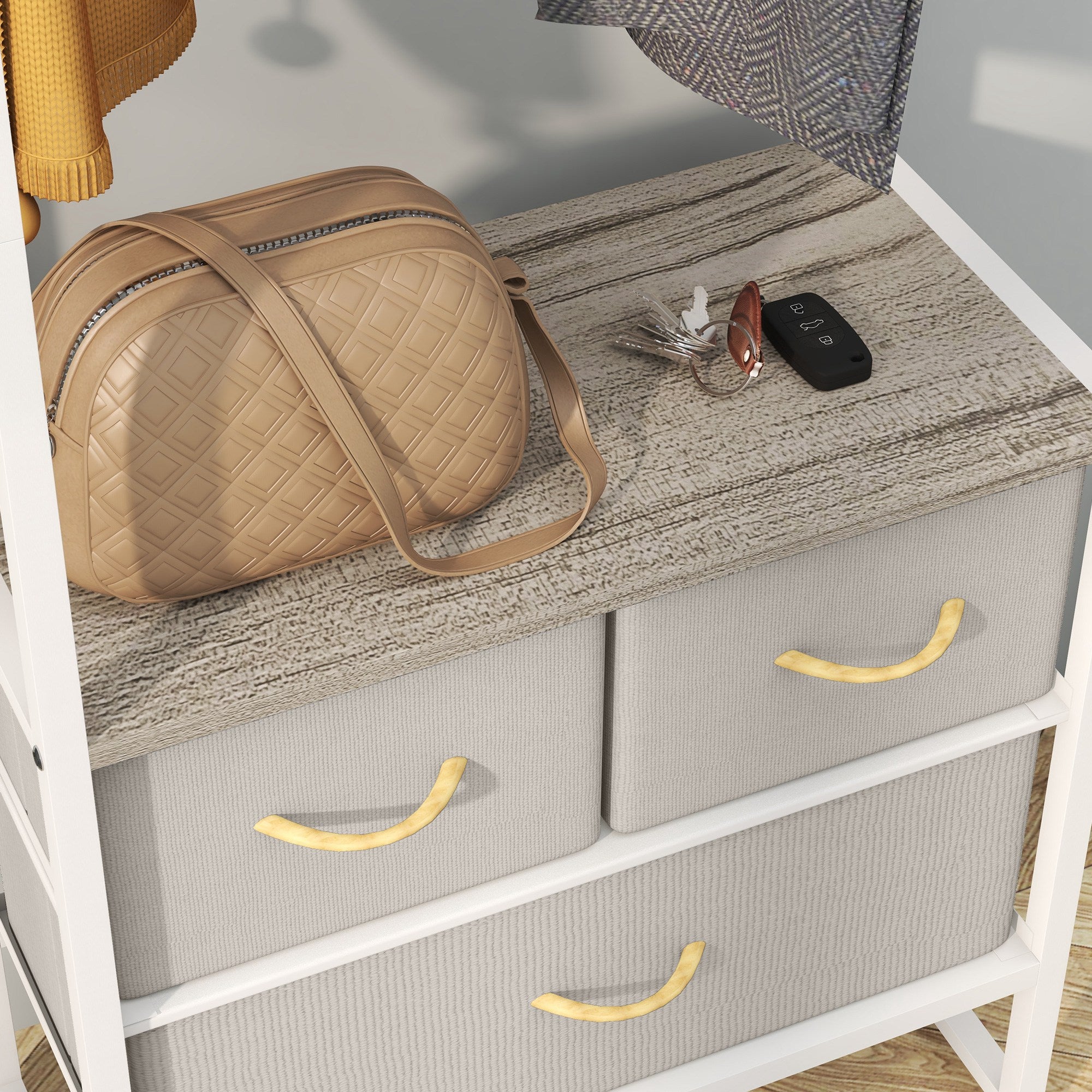 Clothes Rack Hallway Stand with 3 Fabric Drawers Hanging Rail and Storage Shelf for Hallway Bedroom Living Room 58.5x30x178 cm Natural