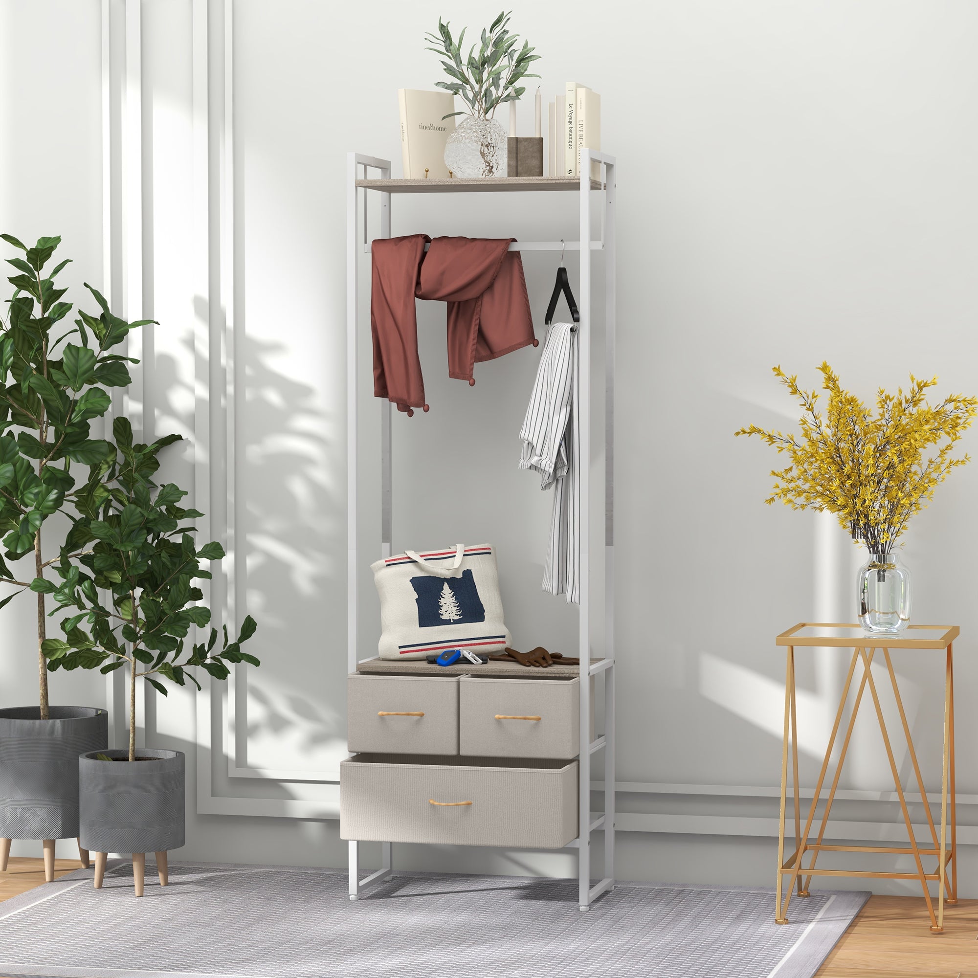 Clothes Rack Hallway Stand with 3 Fabric Drawers Hanging Rail and Storage Shelf for Hallway Bedroom Living Room 58.5x30x178 cm Natural
