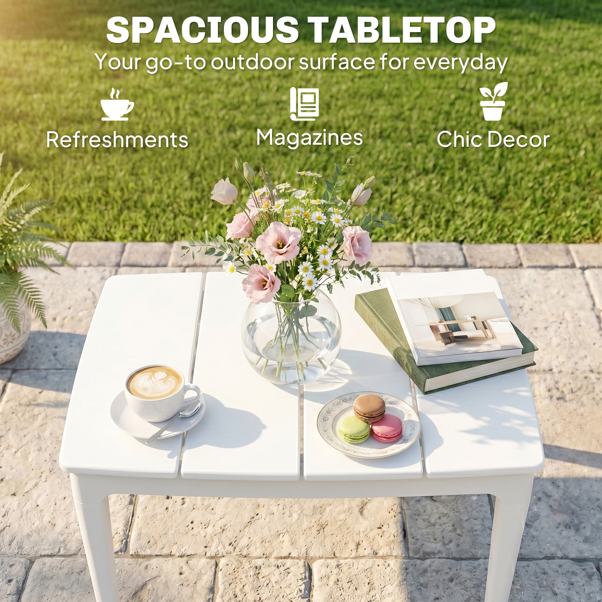 Outdoor Coffee Table with Cylindrical Legs, Rectangular PP Plastic Garden Side Table, Modern Style — for Garden, Balcony, Terrace — 53 x 70 x 39 cm (20.9 x 27.6 x 15.4 in), Cream