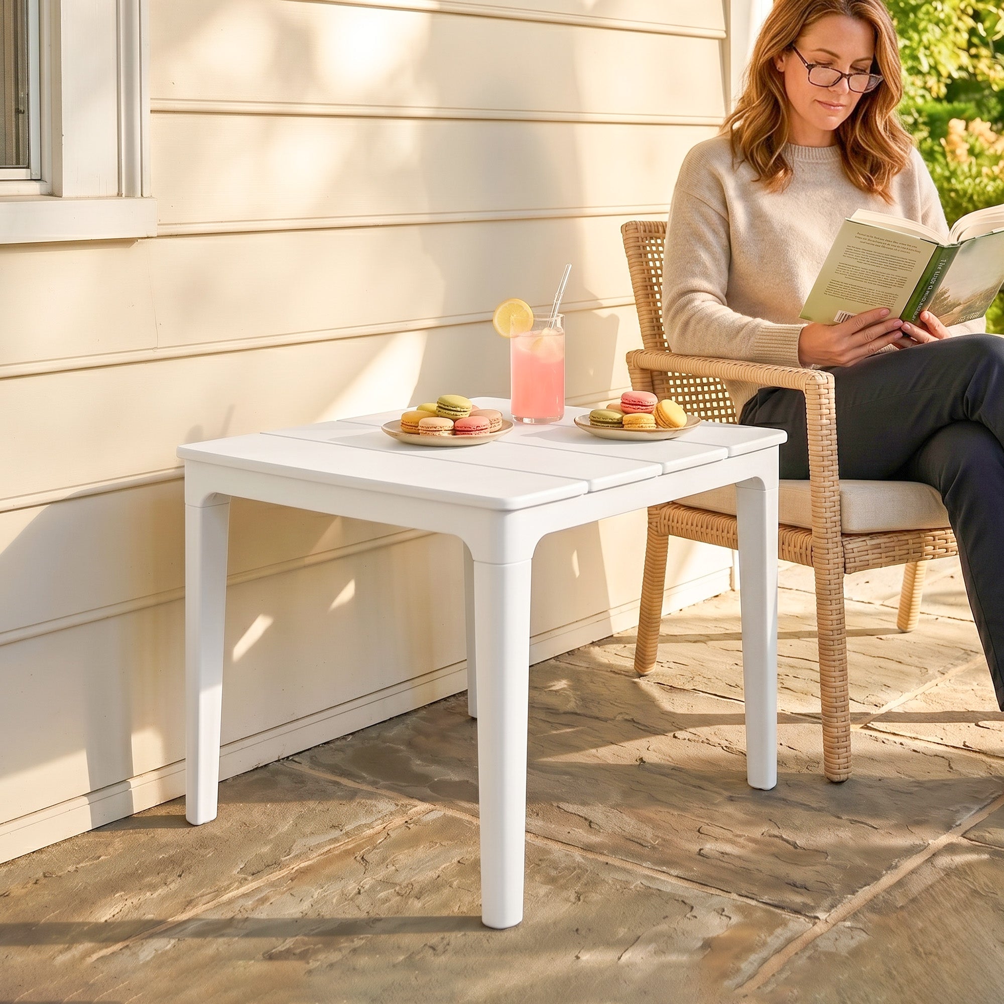 Outdoor Coffee Table with Cylindrical Legs, Rectangular PP Plastic Garden Side Table, Modern Style — for Garden, Balcony, Terrace — 53 x 70 x 39 cm (20.9 x 27.6 x 15.4 in), Cream