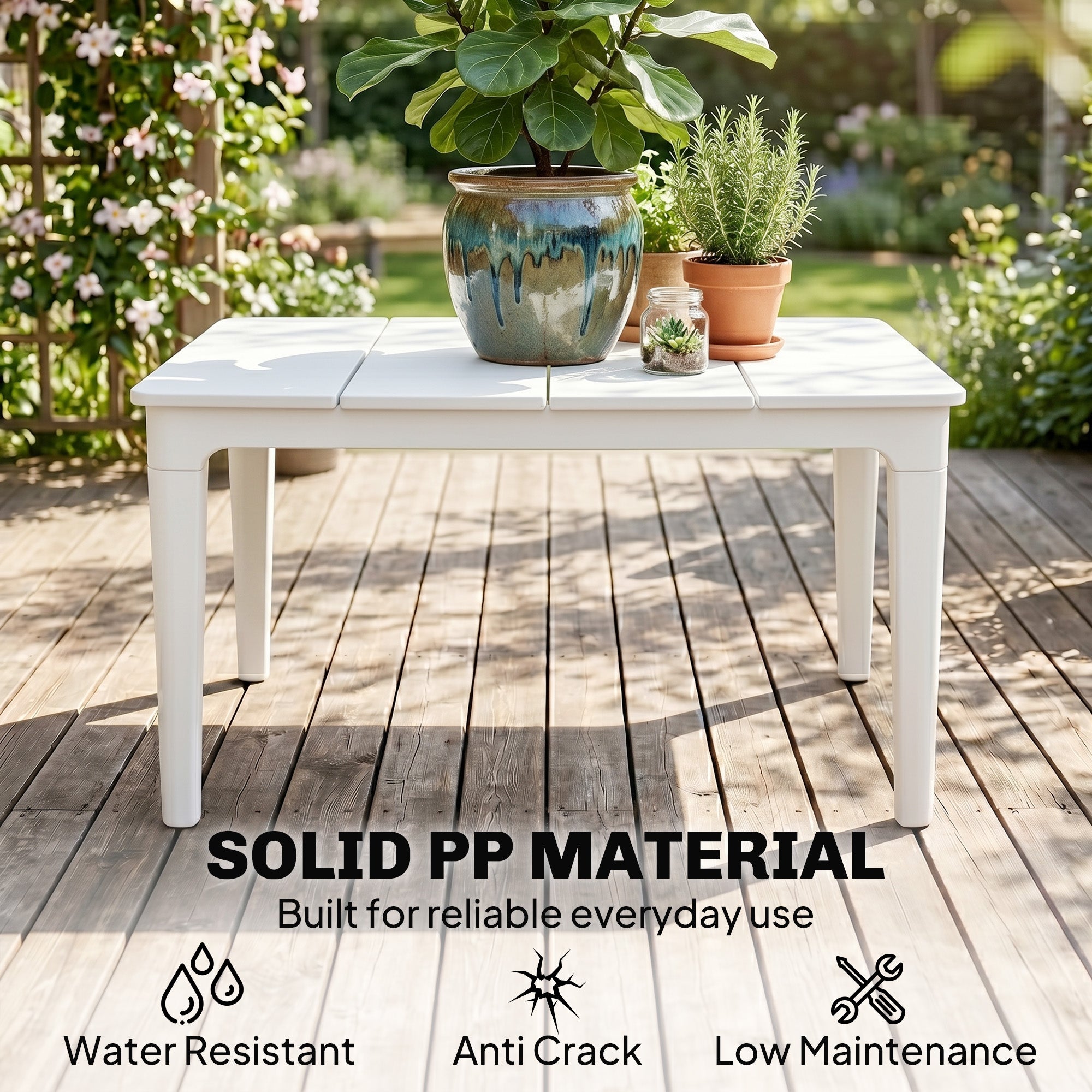 Outdoor Coffee Table with Cylindrical Legs, Rectangular PP Plastic Garden Side Table, Modern Style — for Garden, Balcony, Terrace — 53 x 70 x 39 cm (20.9 x 27.6 x 15.4 in), Cream