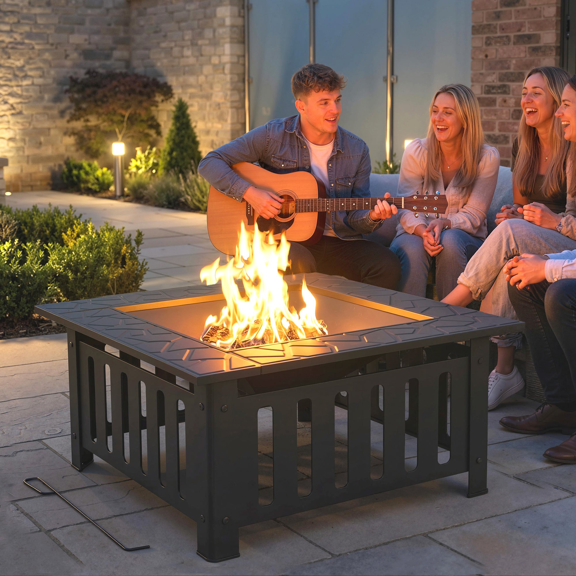 Square Steel Outdoor Fire Pit, 26.4 x 26.4 x 18.5 in, Patio Fire Pit with Poker & Mesh Cover, Black