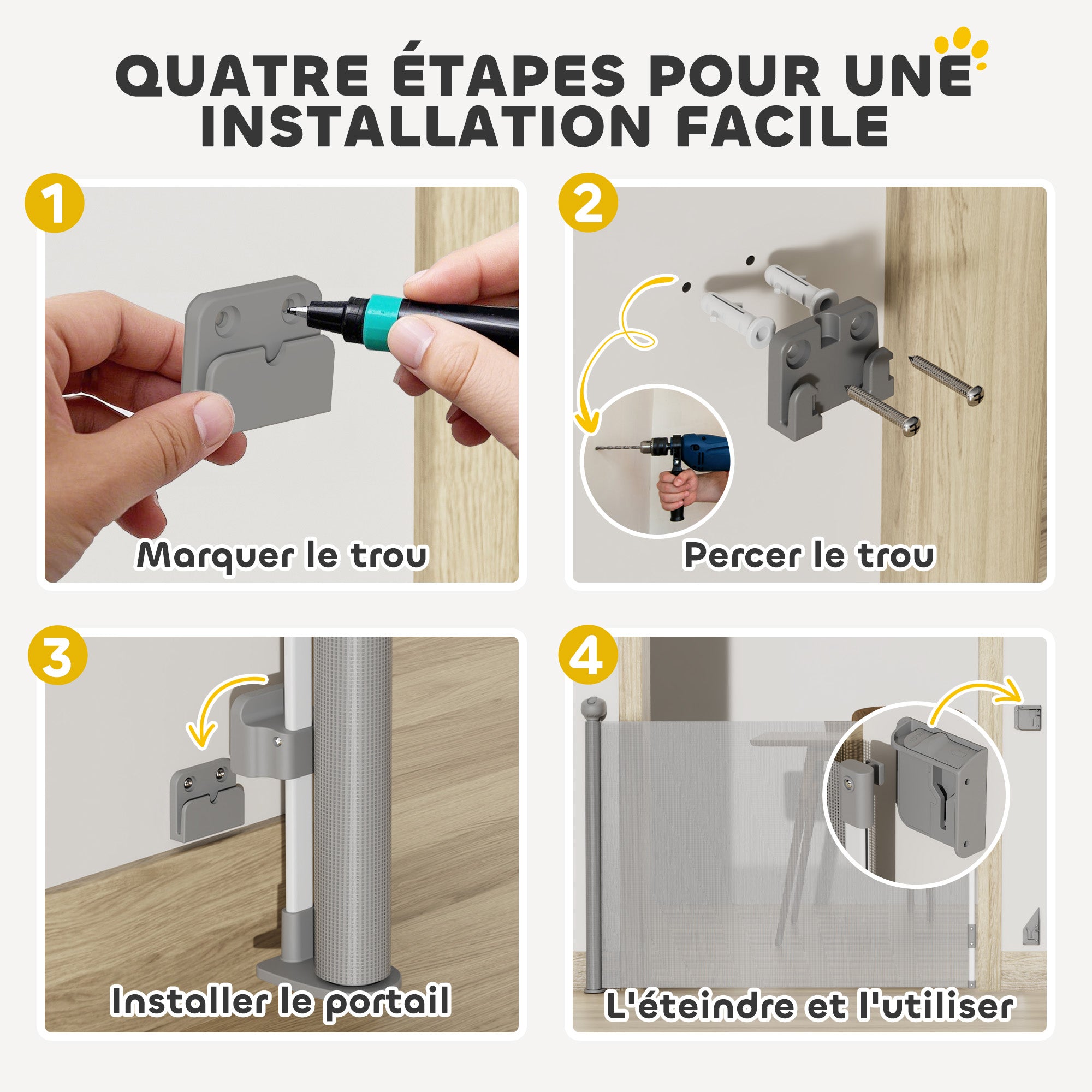 Retractable Dog Safety Gate, 0-149 cm width, extendable protective net, stair and door gate for dogs with automatic locking, gray