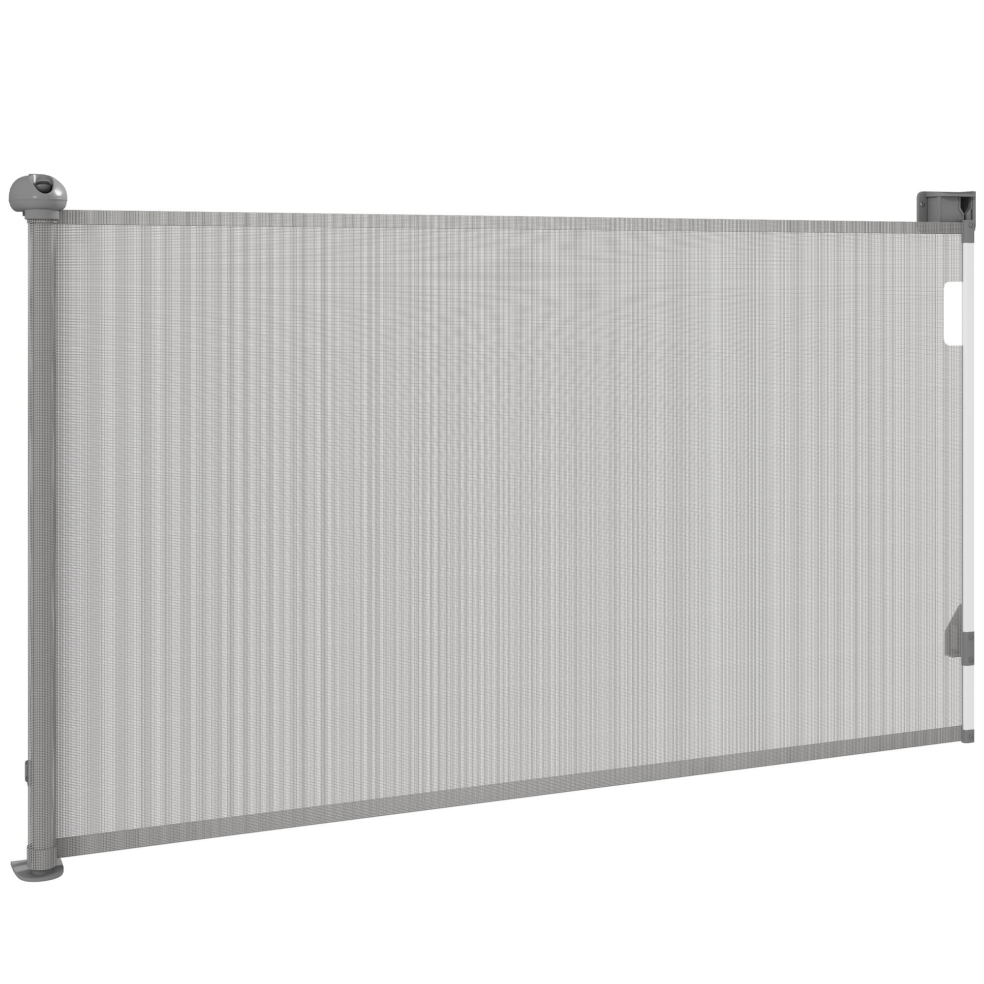Retractable Dog Safety Gate, 0-149 cm width, extendable protective net, stair and door gate for dogs with automatic locking, gray