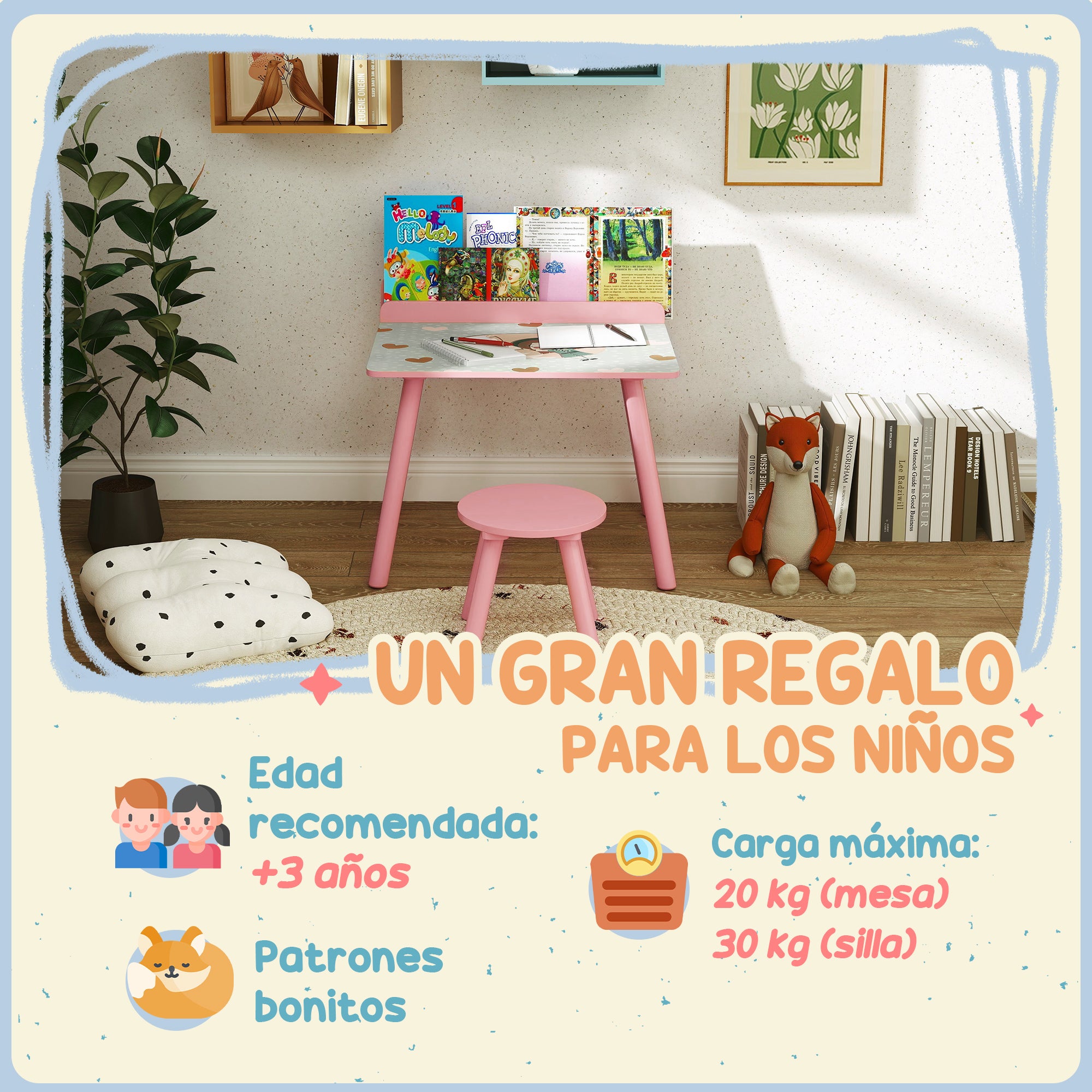2-Piece Kids' Table and Chair Set Kids' Table with Chair and Bookshelf Desk for Children +3 Years for Playroom Pink