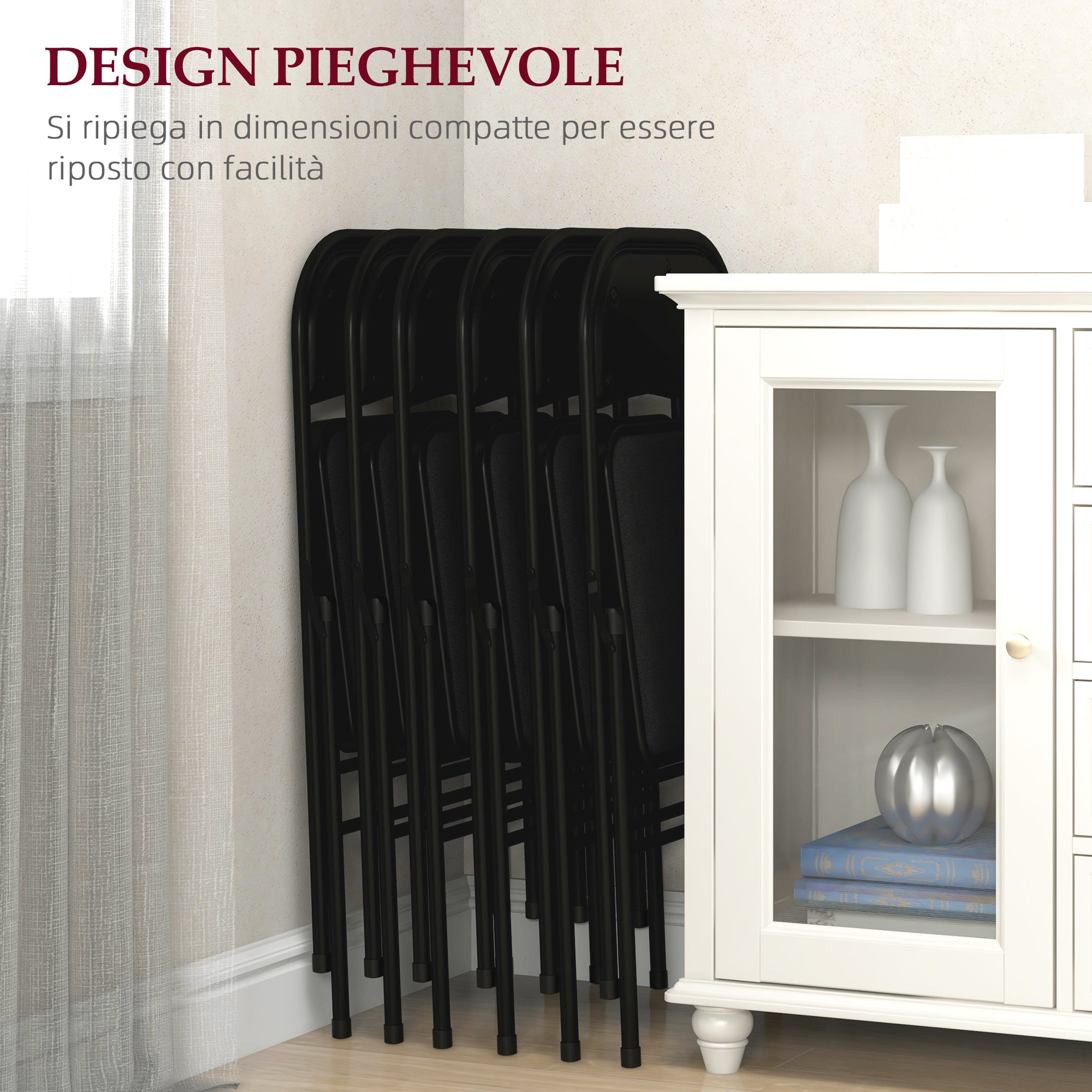 Set of 6 Foldable Chairs with Padded Seat, Modern Space-Saving Chairs with Polyester Cushion for Home and Office, Black