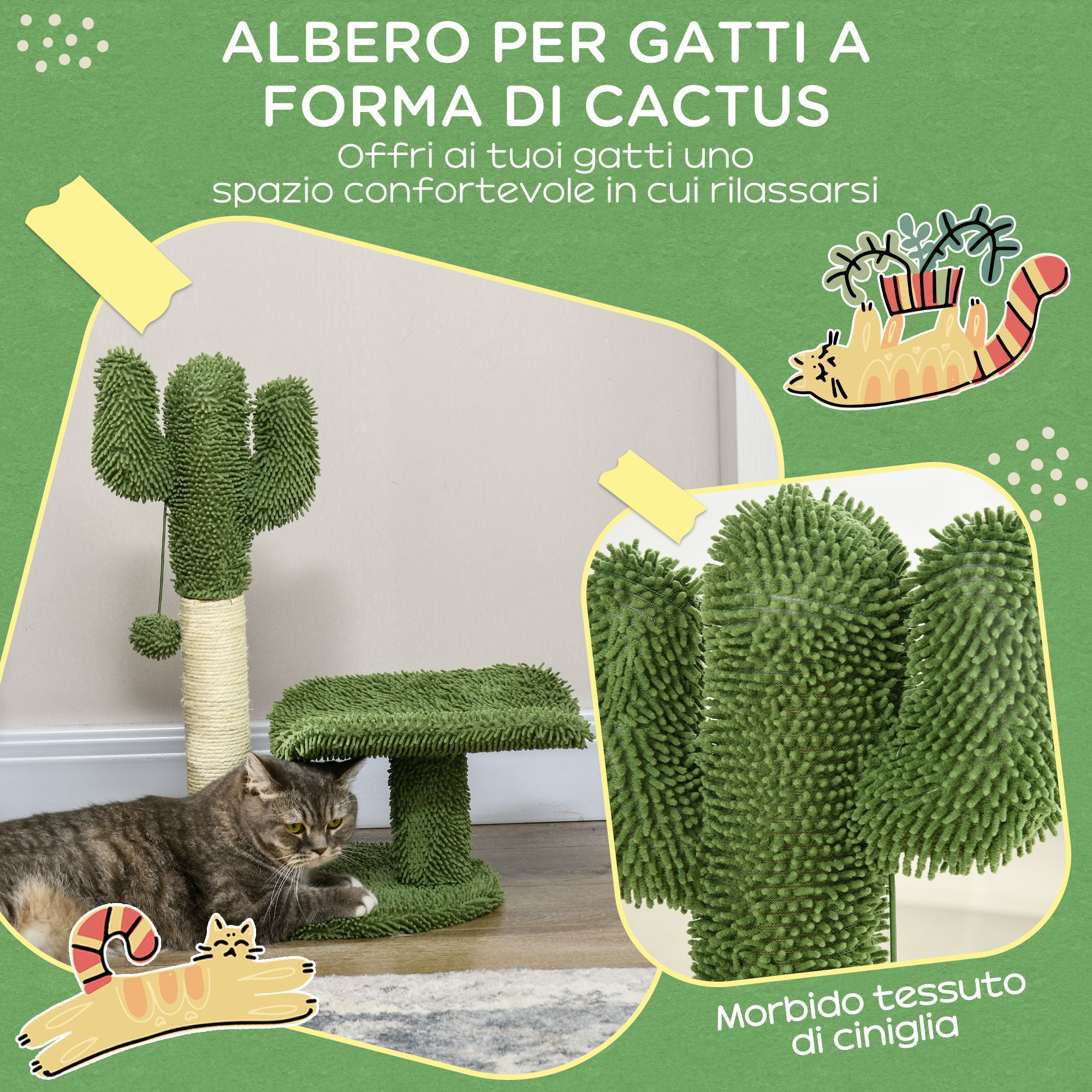 Cactus-Shaped Cat Tree with Scratching Post, Play Ball, and Platform, Chipboard and Plush Cat Tower, 35x31x55.5 cm, Green and White