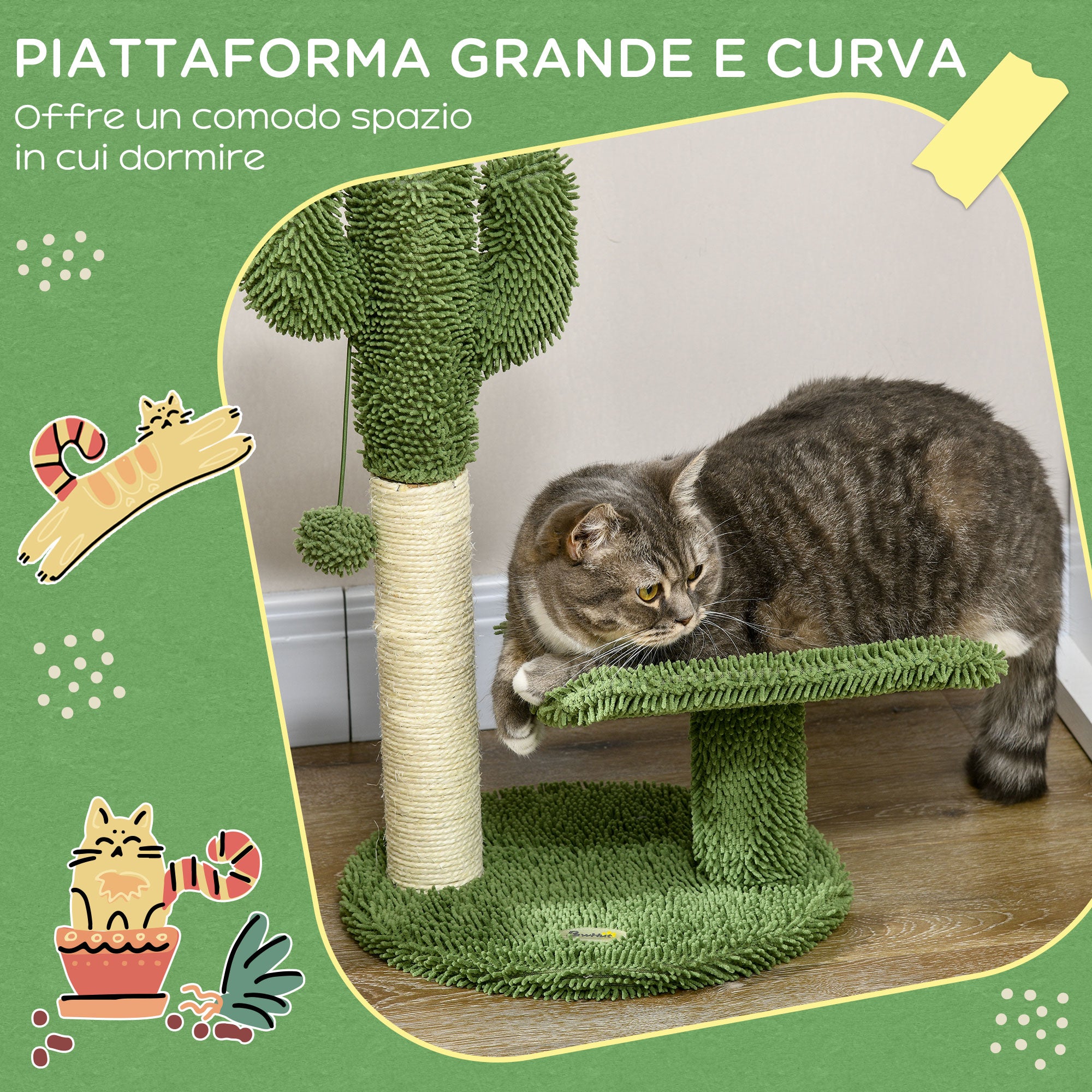 Cactus-Shaped Cat Tree with Scratching Post, Play Ball, and Platform, Chipboard and Plush Cat Tower, 35x31x55.5 cm, Green and White