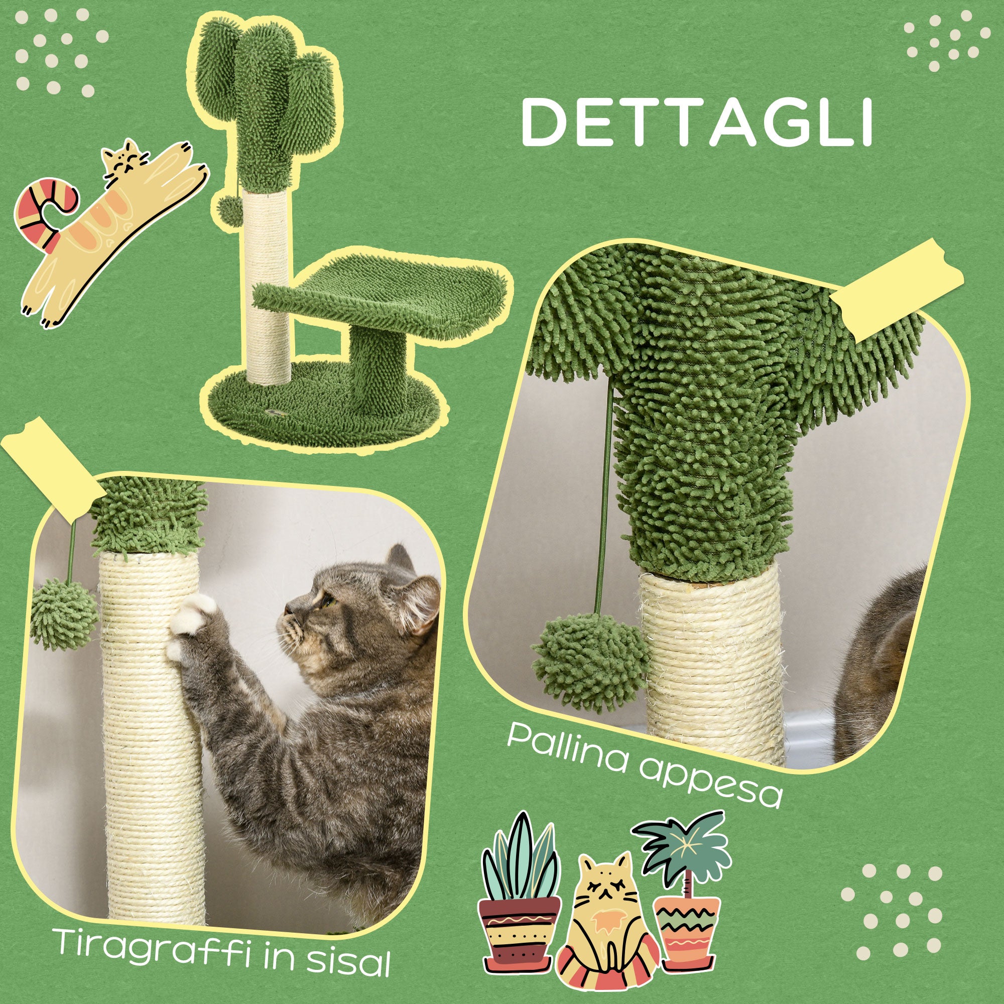 Cactus-Shaped Cat Tree with Scratching Post, Play Ball, and Platform, Chipboard and Plush Cat Tower, 35x31x55.5 cm, Green and White