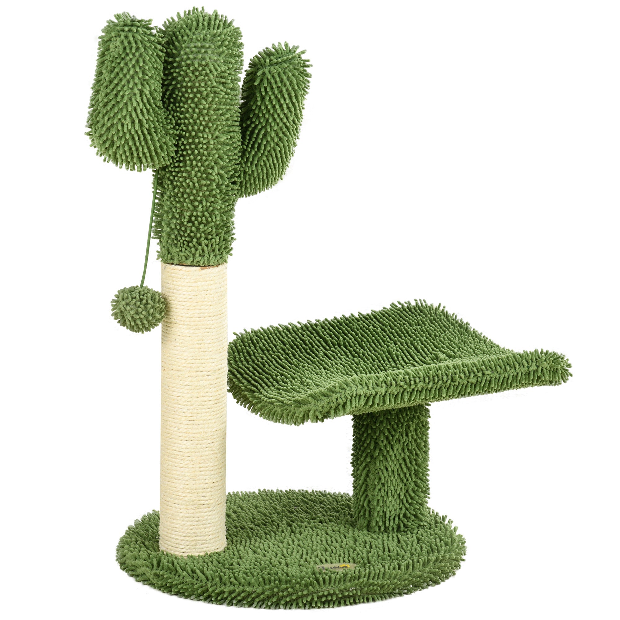 Cactus-Shaped Cat Tree with Scratching Post, Play Ball, and Platform, Chipboard and Plush Cat Tower, 35x31x55.5 cm, Green and White