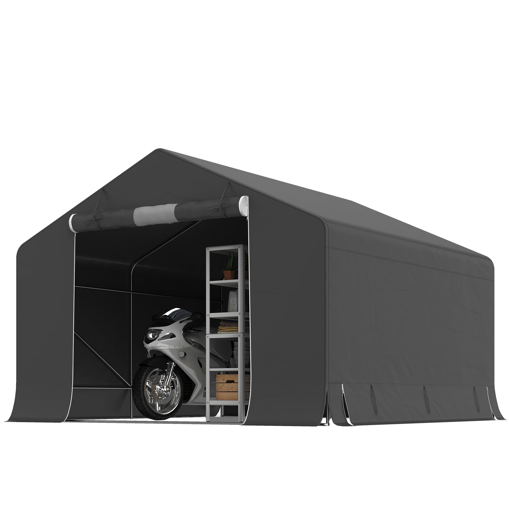 Waterproof Garage Tent 3 x 3 x 2.1 m (9.8 x 9.8 x 6.9 ft) — Roll-Up Zipper Door, Side Vent Window, Weatherproof Storage Shed for Bikes & Garden Tools, Dark Gray