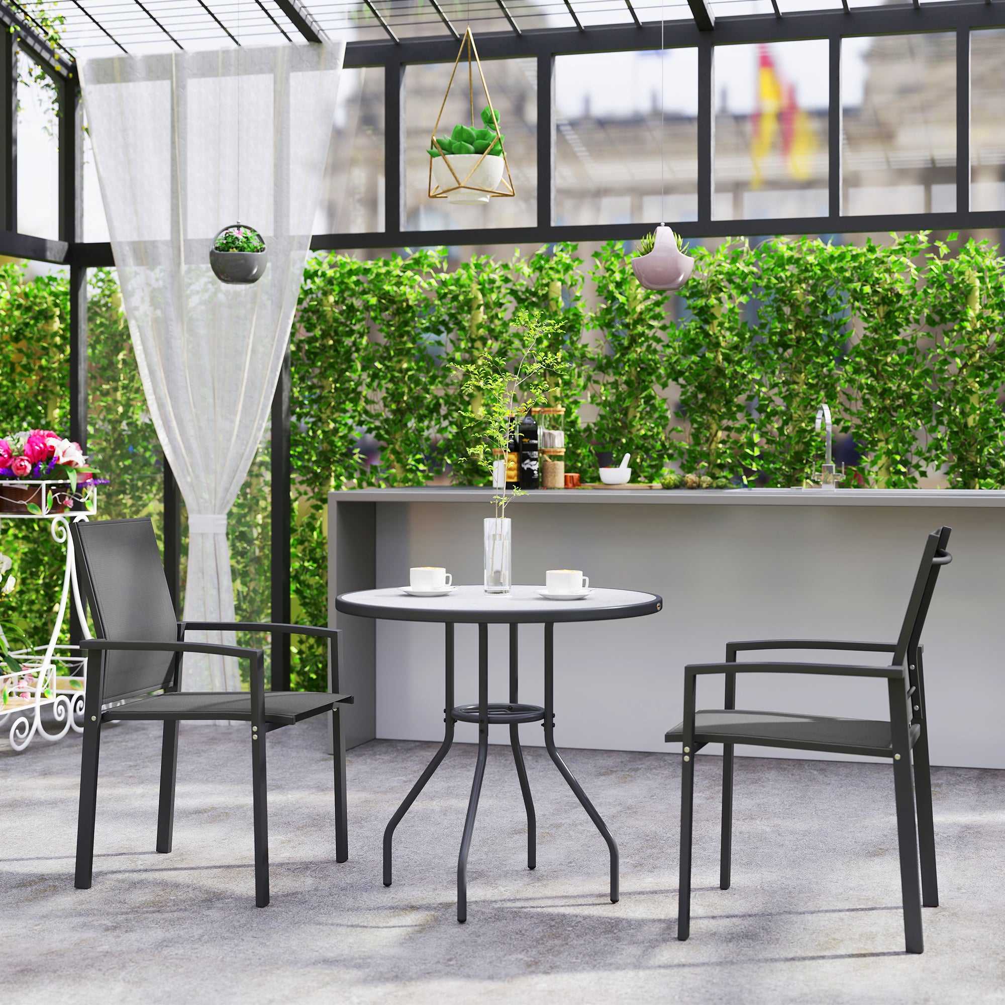 Set of 2 Outdoor Garden Chairs Patio Exterior Stackable Dining Chairs with Breathable Fabric Steel Frame Armrests and Backrest 56x58x89 cm Dark Gray