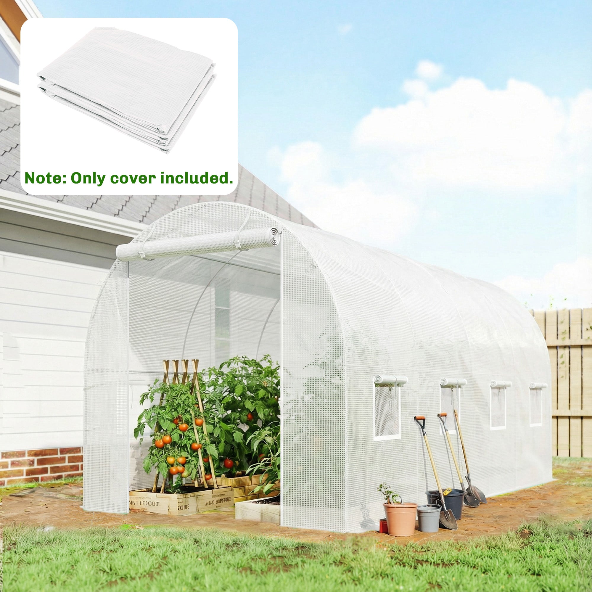 4 x 2 m Greenhouse Cover, Waterproof PE Garden Cover with Zippered Roll-Up Door, 8 Windows, UV Protection, Tear-Resistant Polyethylene, Tunnel Greenhouse Cover, White